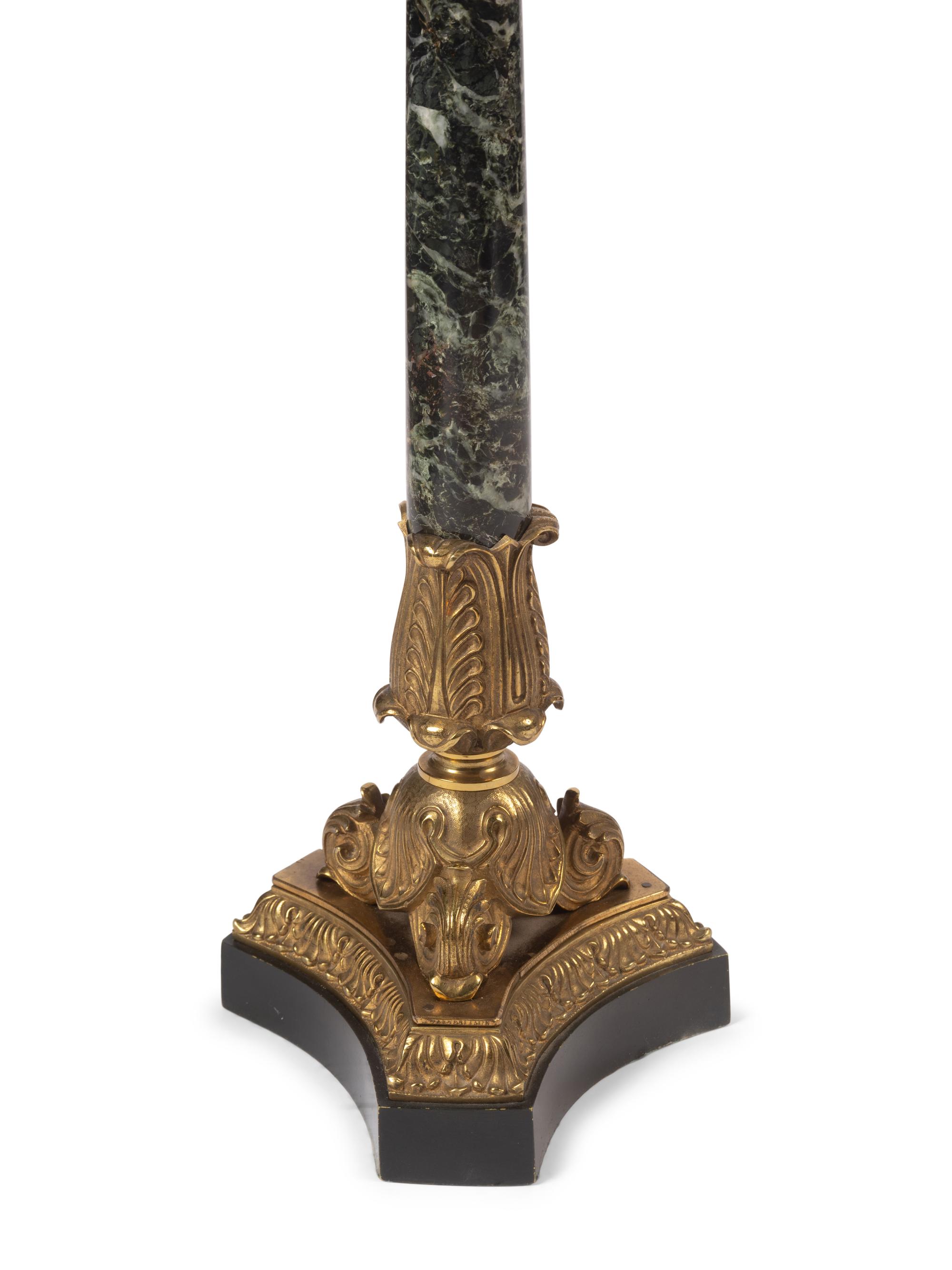 A Pair of Napoleon III Gilt and Patinated Bronze and Marble Four-Light Candelabra