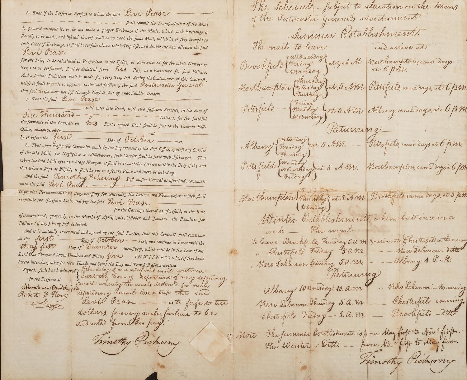 [POSTAL HISTORY]. PICKERING, Timothy (1745-1829). Document twice signed ("Timothy Pickering") for Levi PEASE (1740-1824), as Postmaster General. N,p., 4 September 1794.
