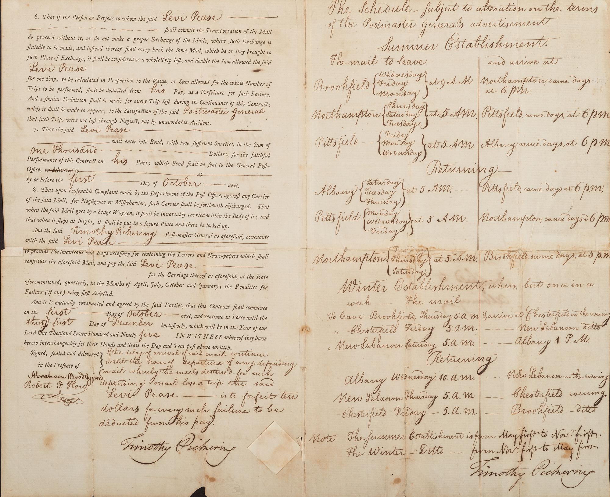 [POSTAL HISTORY]. PICKERING, Timothy (1745-1829). Document twice signed ("Timothy Pickering") for Levi PEASE (1740-1824), as Postmaster General. N,p., 4 September 1794.