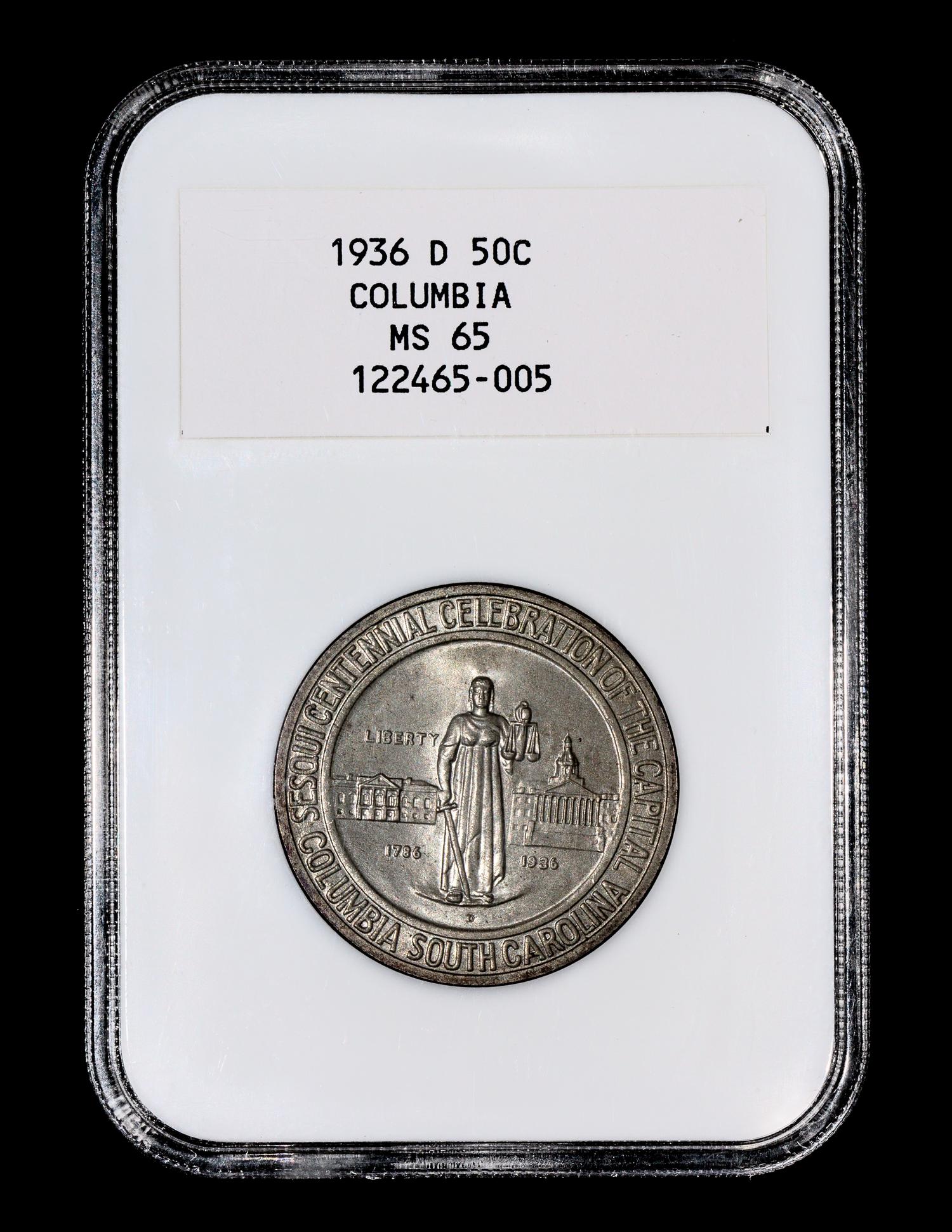 A United States 1936-D Columbia Commemorative 50c Coin — NGC graded MS65