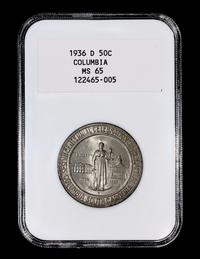A United States 1936-D Columbia Commemorative 50c Coin — NGC graded MS65