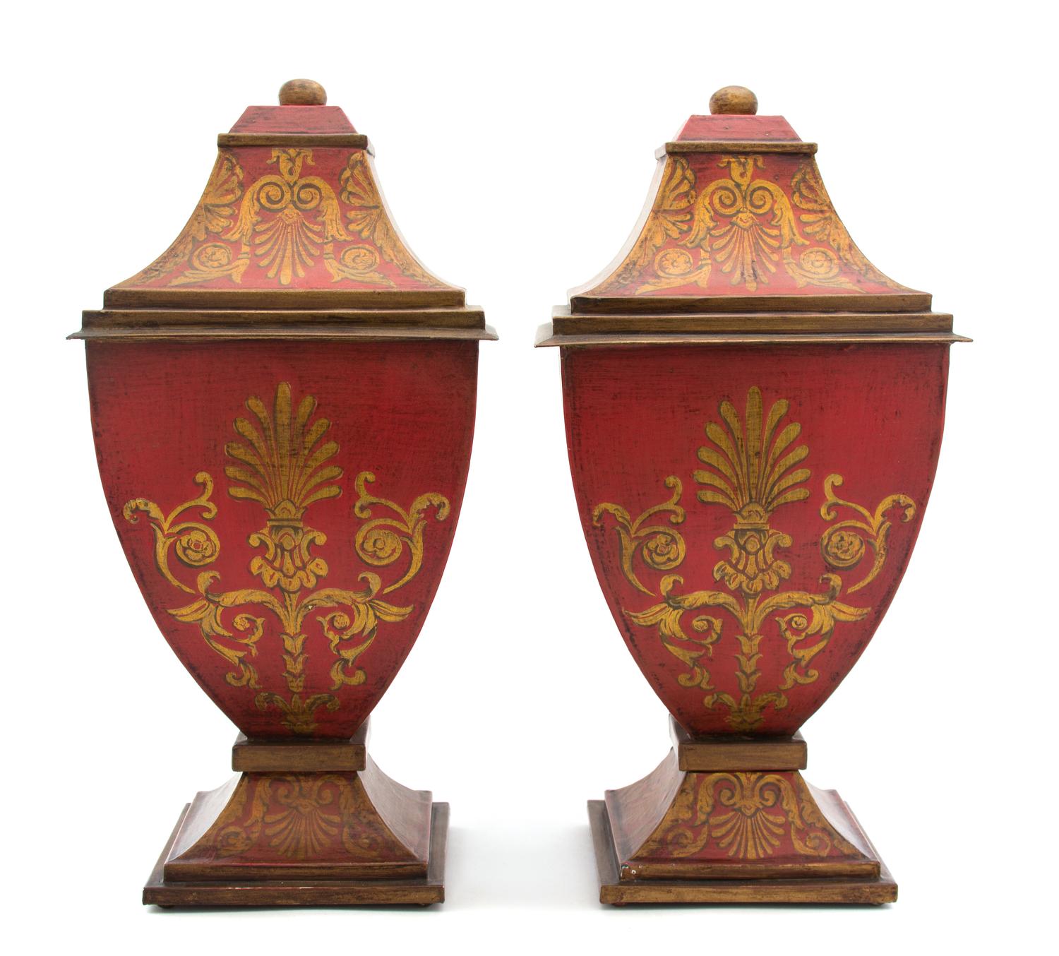 A Pair of Regency Red and Gilt Painted Tole Covered Urns Height 19 x width 9 1/8 x depth 9 1/8 inches. — 20TH CENTURY