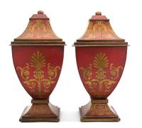 A Pair of Regency Red and Gilt Painted Tole Covered Urns Height 19 x width 9 1/8 x depth 9 1/8 inches. — 20TH CENTURY