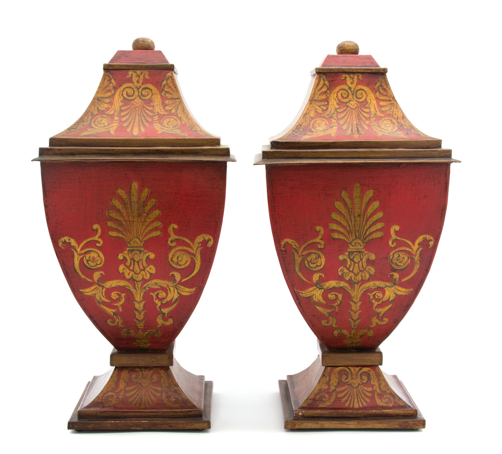 A Pair of Regency Red and Gilt Painted Tole Covered Urns Height 19 x width 9 1/8 x depth 9 1/8 inches. — 20TH CENTURY