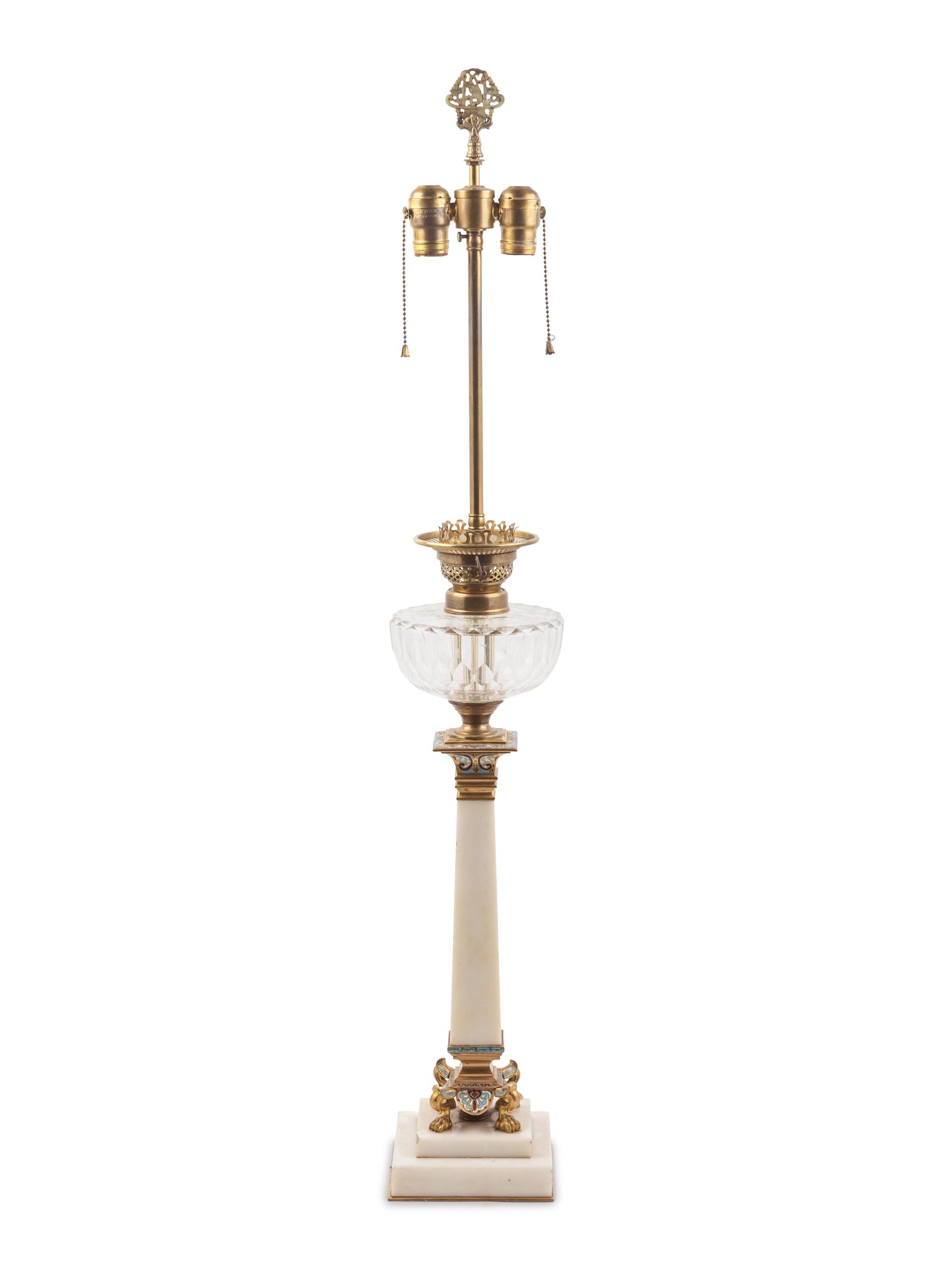 A Continental Marble and Champlevé Oil Lamp Base
