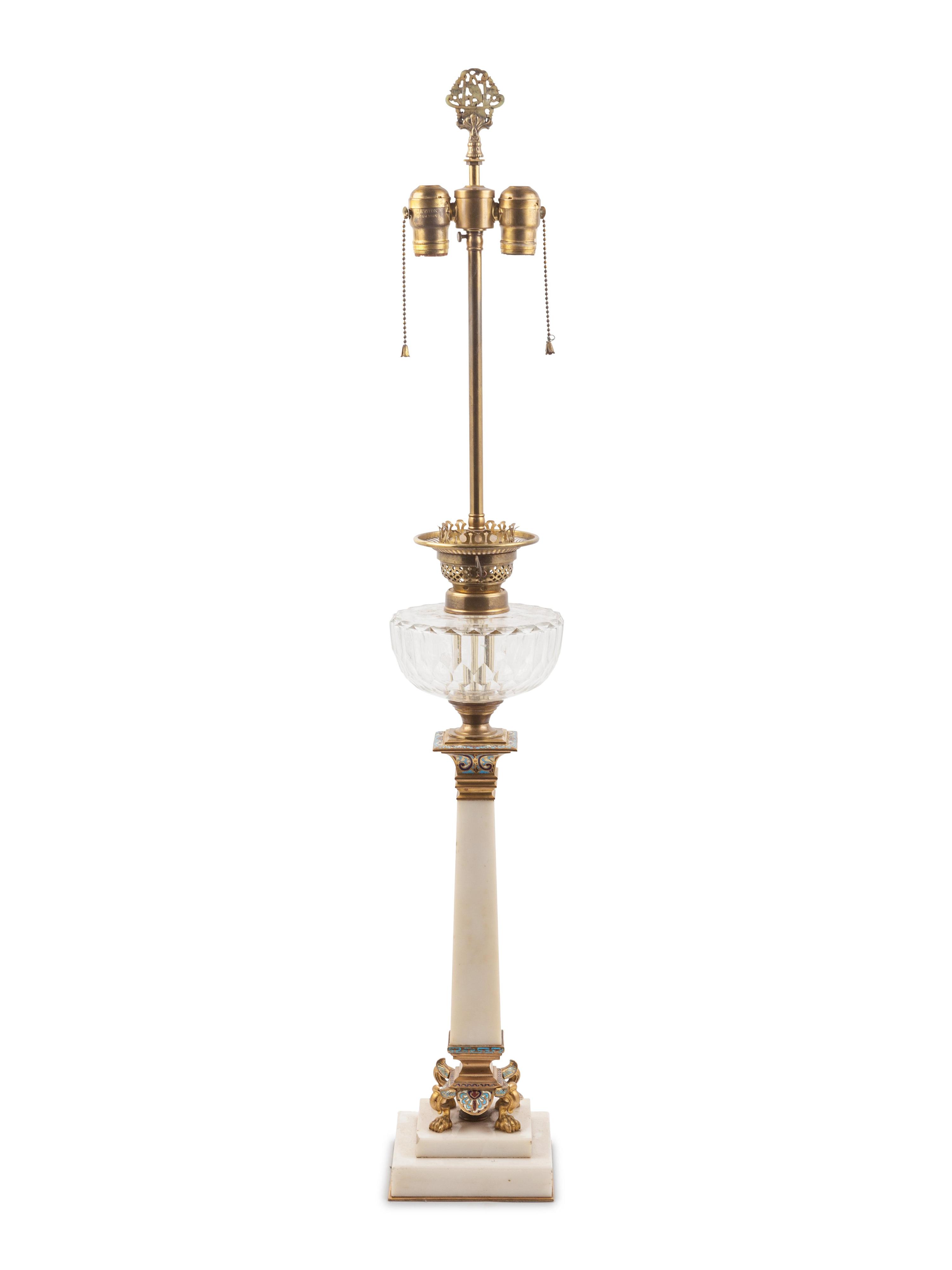 A Continental Marble and Champlevé Oil Lamp Base