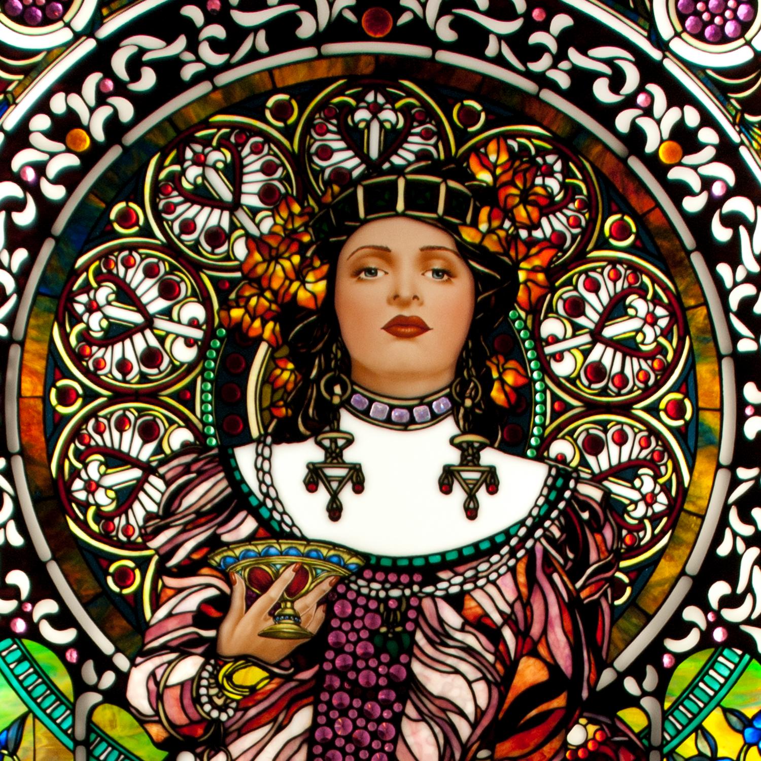 A Mark Bogenrief "Champagne Lady" Stained Glass Window 43.75" W x 104.75" H, — United States, 2018