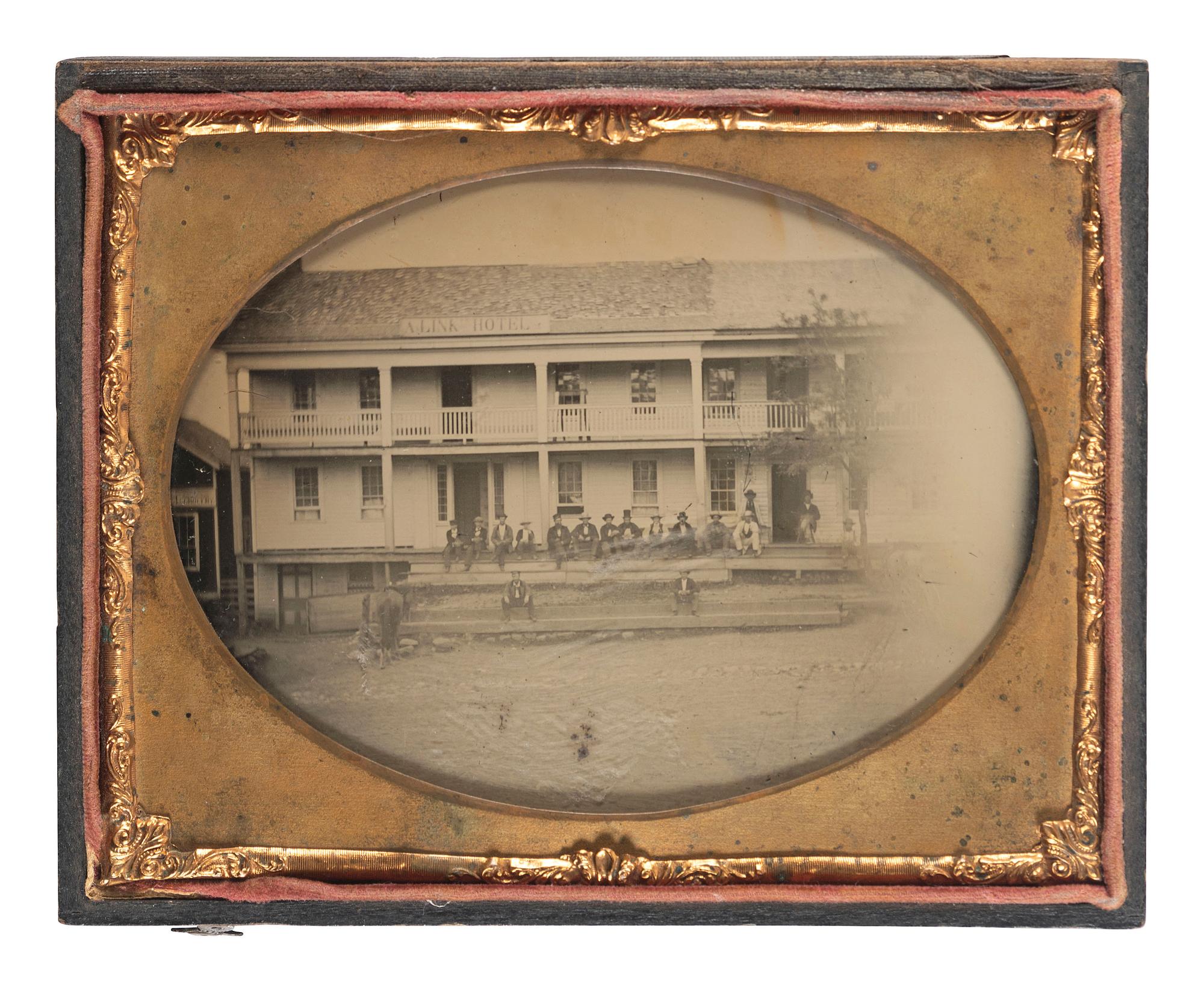 [EARLY PHOTOGRAPHY]. Half plate ambrotype featuring the A. Link Hotel, Coddingville, Medina County, Ohio.