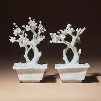 A Pair of Chinese Blanc-de-Chine Porcelain Potted Trees, 18th-19th Century — 清中期 德化白瓷塑梅花盆景一對