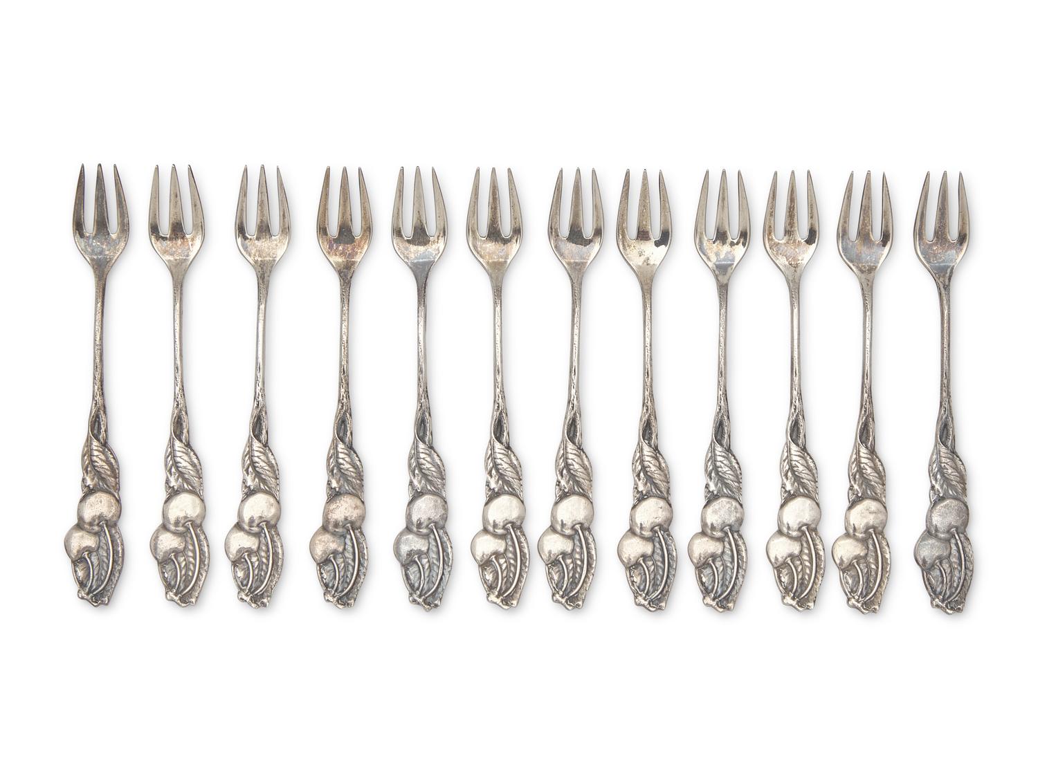 A Cased Set of Twelve Sterling Silver Cocktail Forks in the "Cherry" Pattern, Tiffany & Co., New York, NY, Late 19th / Early 20th Century