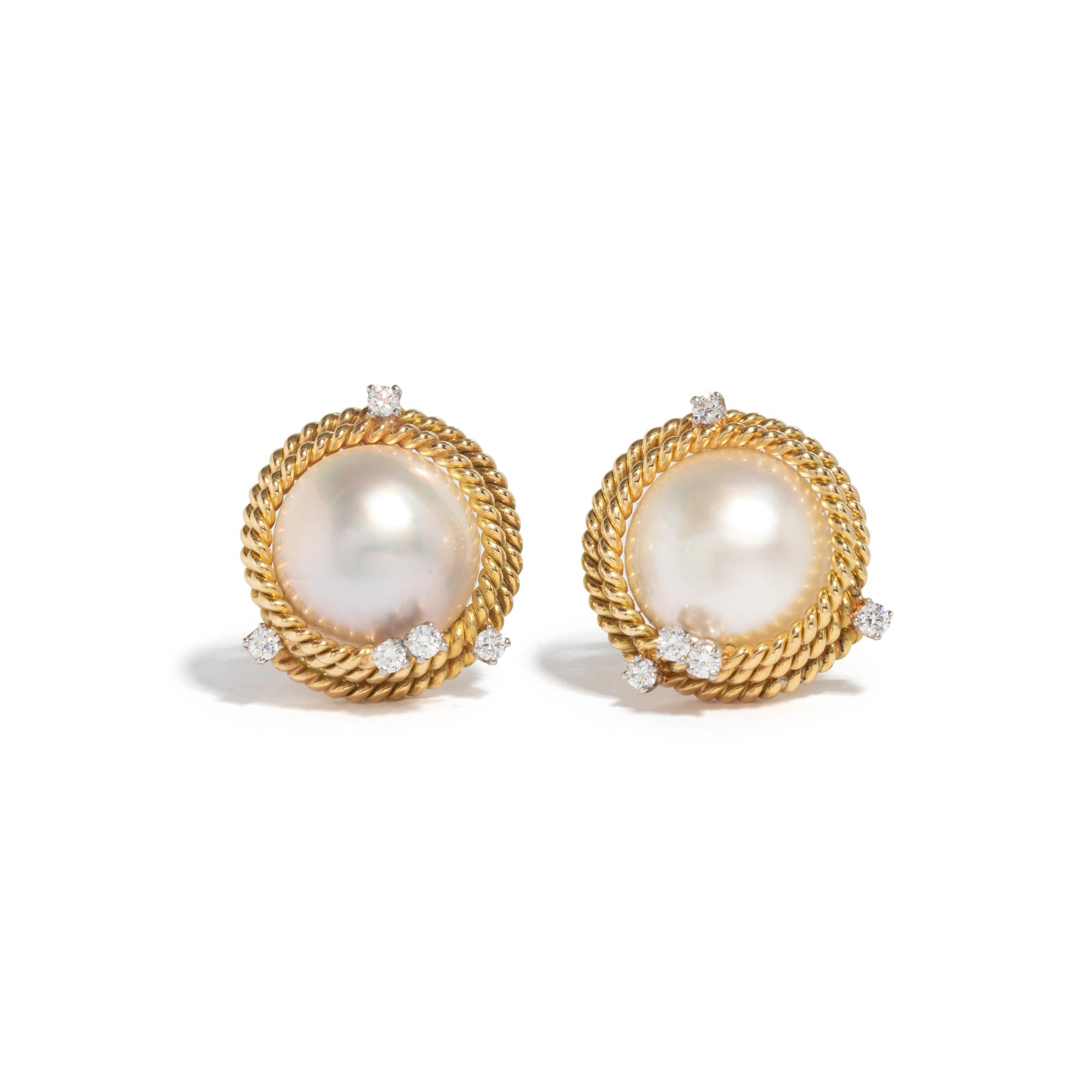 TIFFANY & CO., SCHLUMBERGER, YELLOW GOLD, MABE CULTURED PEARL AND DIAMOND CLIP EARRINGS