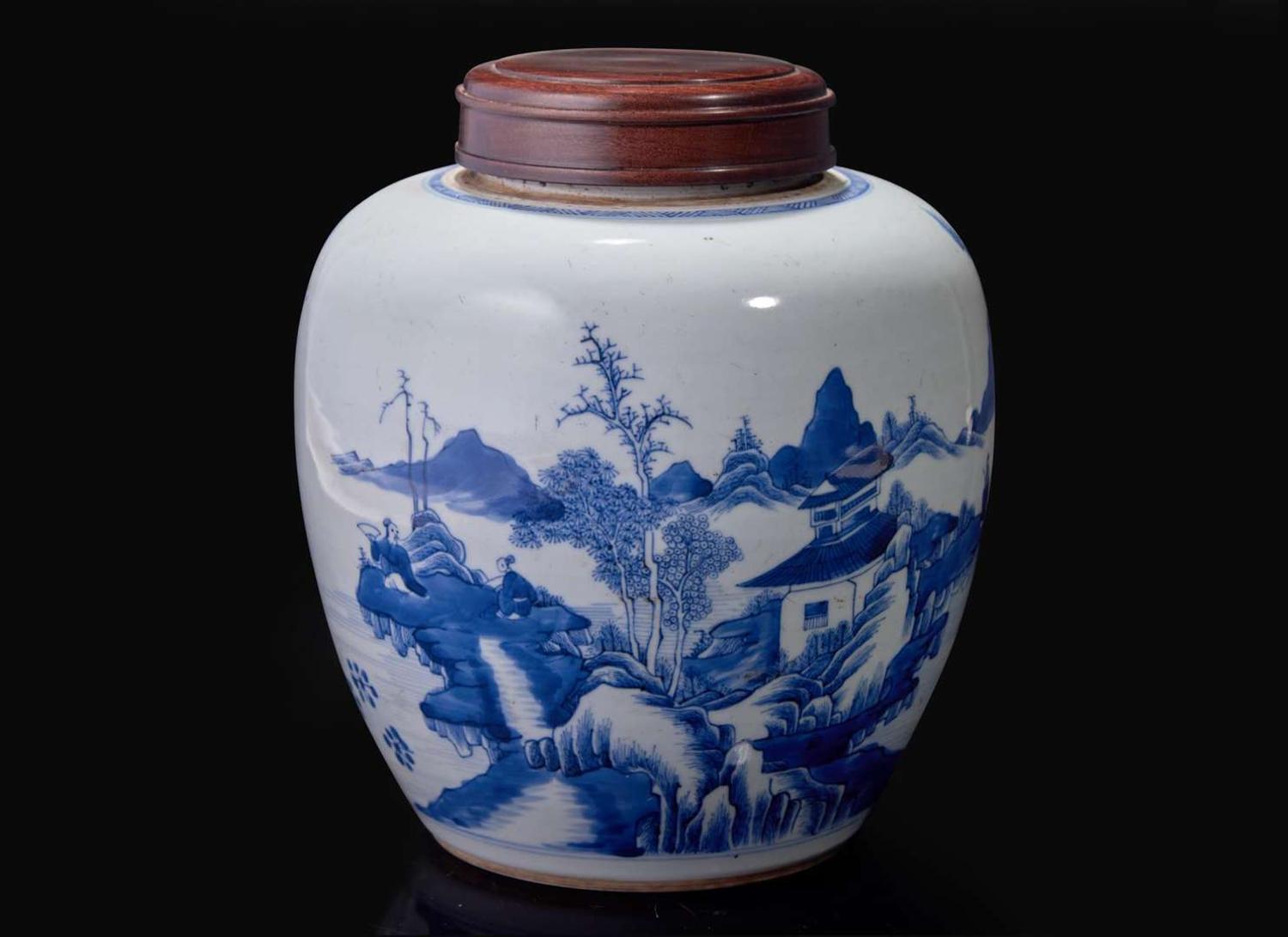 A Chinese blue and white "Landscape" jar, Qing dynasty, 18th-early 19th century 青花山水人物罐 清 十八至十九世紀