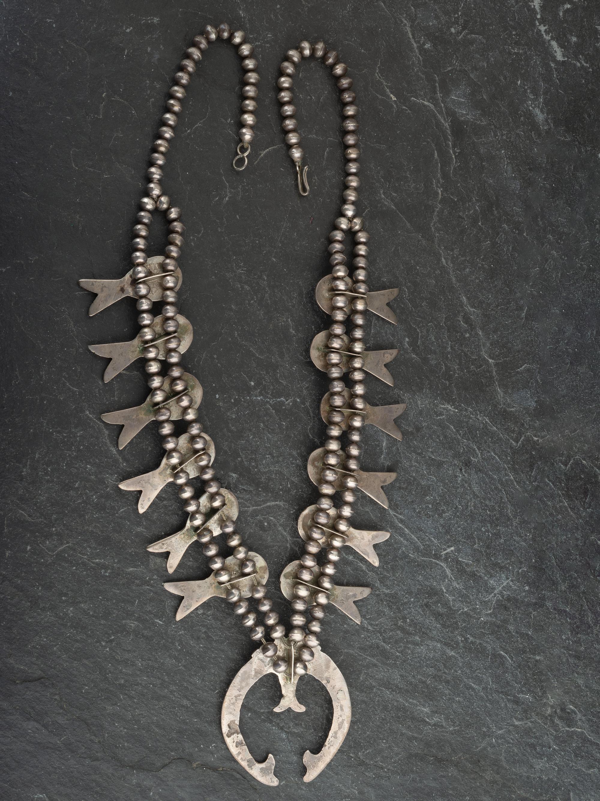 Navajo Silver and Coral Squash Blossom Necklace and Post Earrings