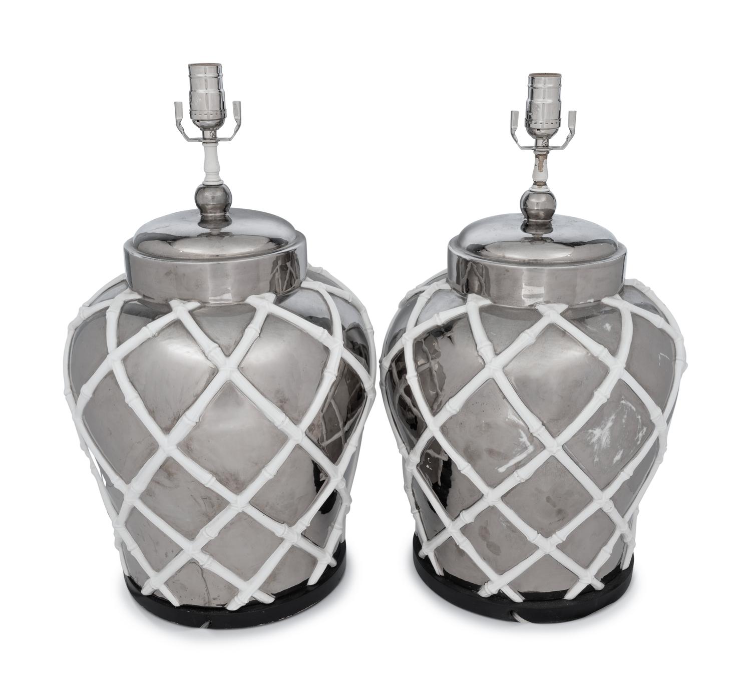 A Pair of Silvered and White Glazed Table Lamps