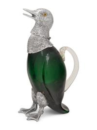 A Silver Plate and Green Glass Duck Decanter