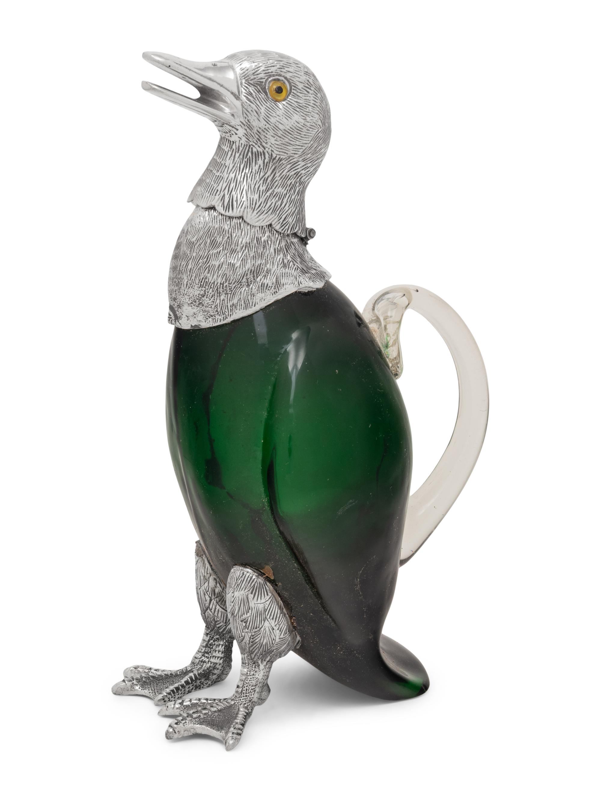 A Silver Plate and Green Glass Duck Decanter