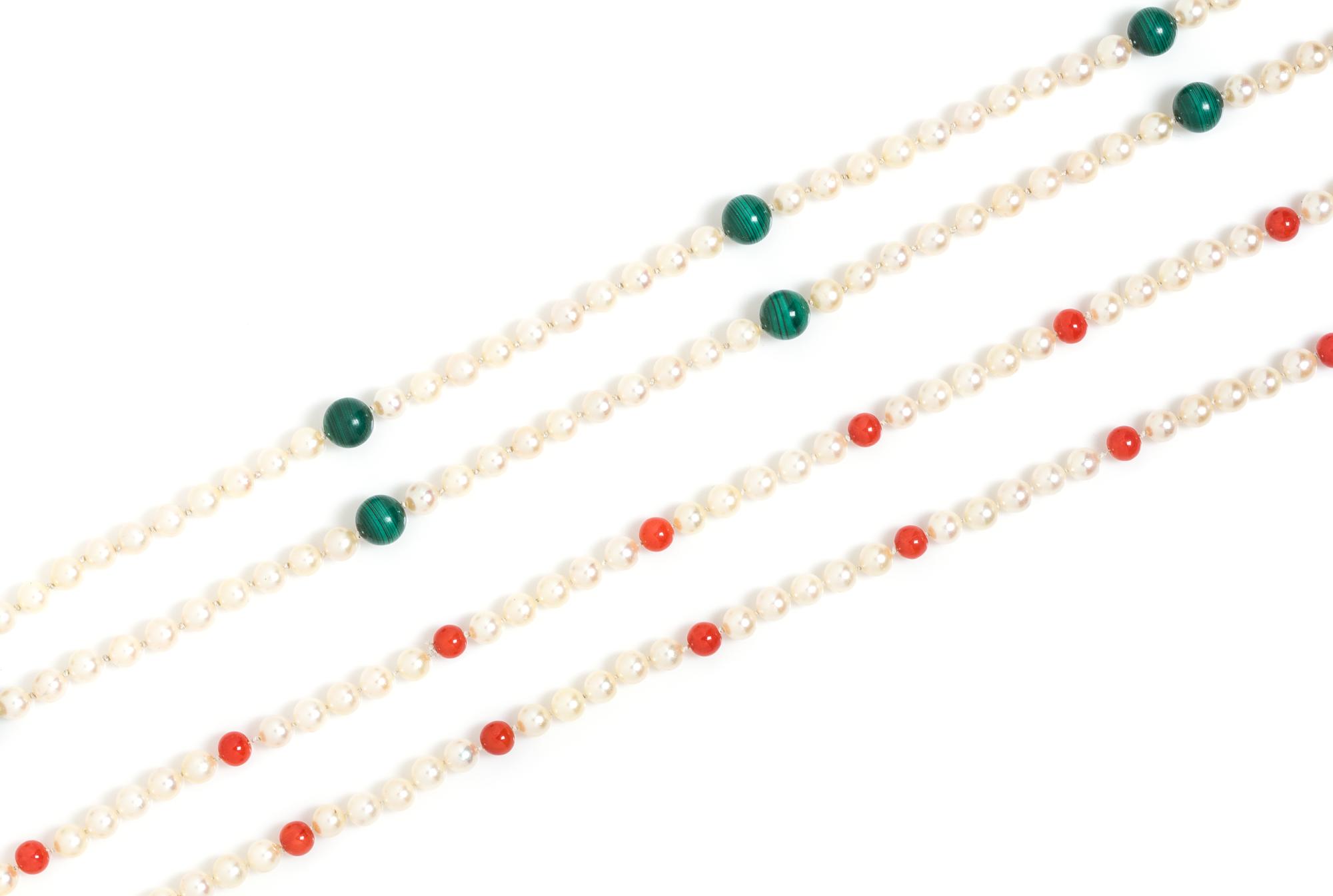 A Collection of Pearl, Coral and Malachite Bead Necklaces, 146.10 dwts.