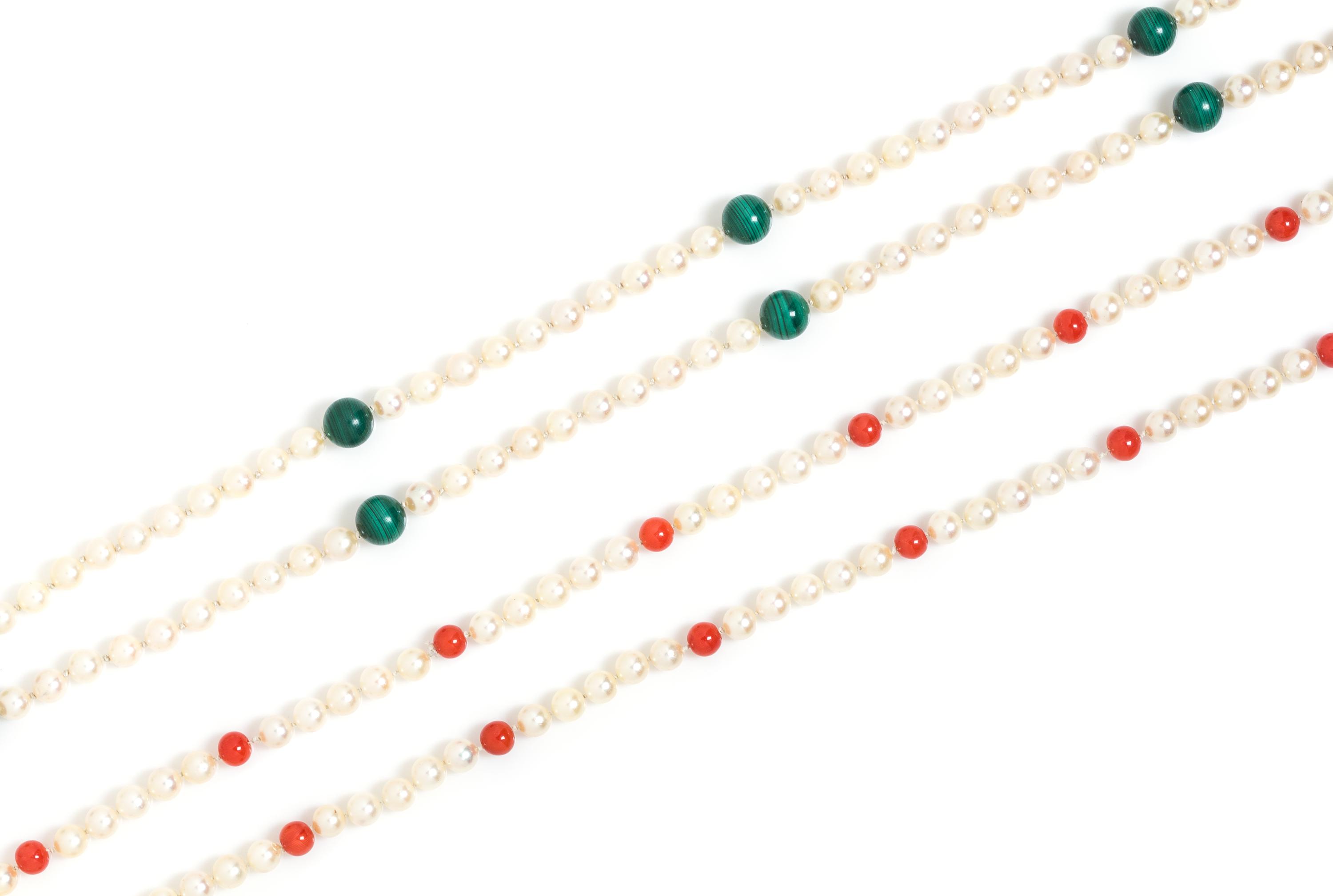 A Collection of Pearl, Coral and Malachite Bead Necklaces, 146.10 dwts.