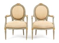 A Pair of Louis XVI Style Painted and Parcel Gilt Fauteuils Height 37 inches. — MID-19TH CENTURY
