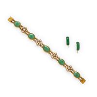 Jade, Seed Pearl, and Yellow Gold Bracelet and Earrings