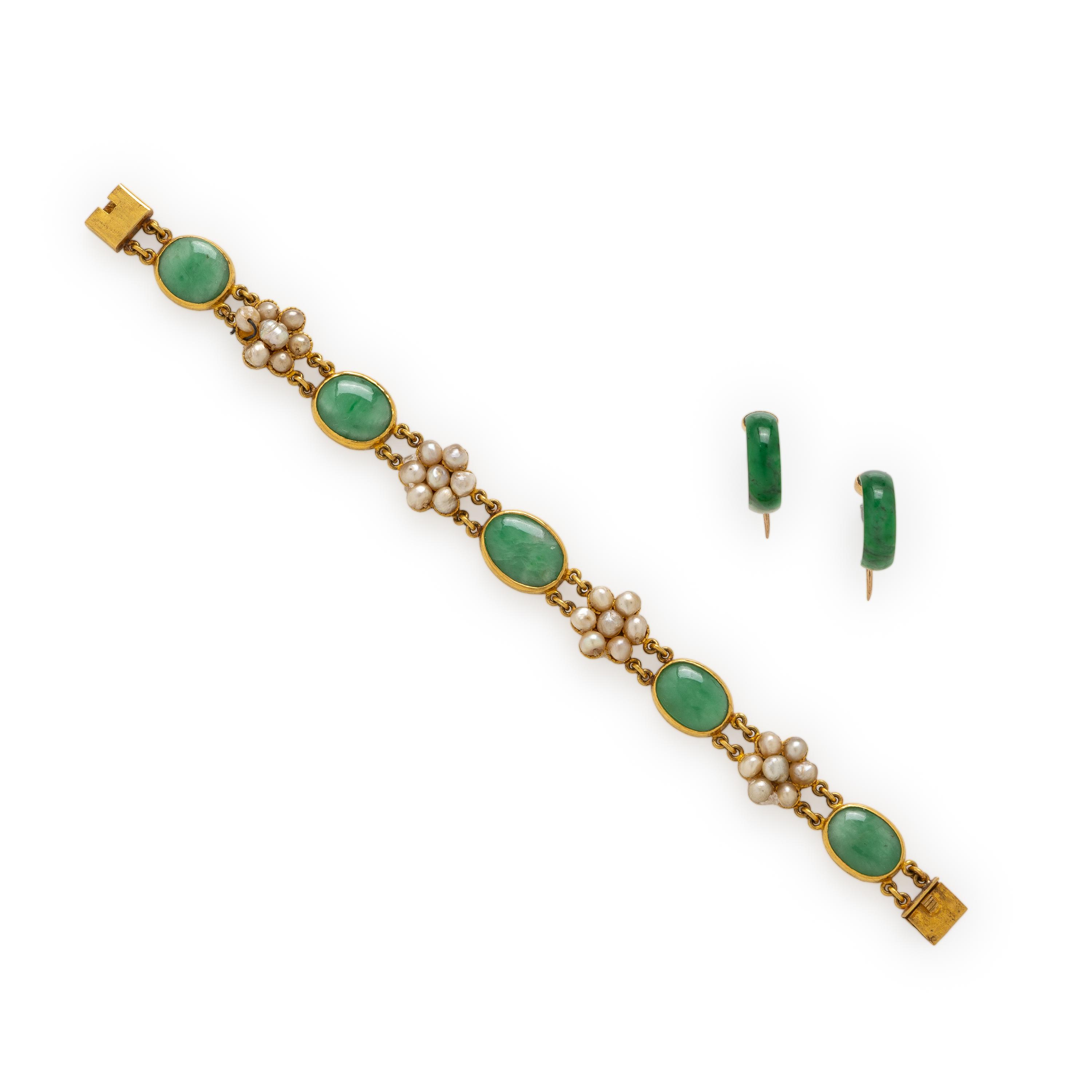 Jade, Seed Pearl, and Yellow Gold Bracelet and Earrings