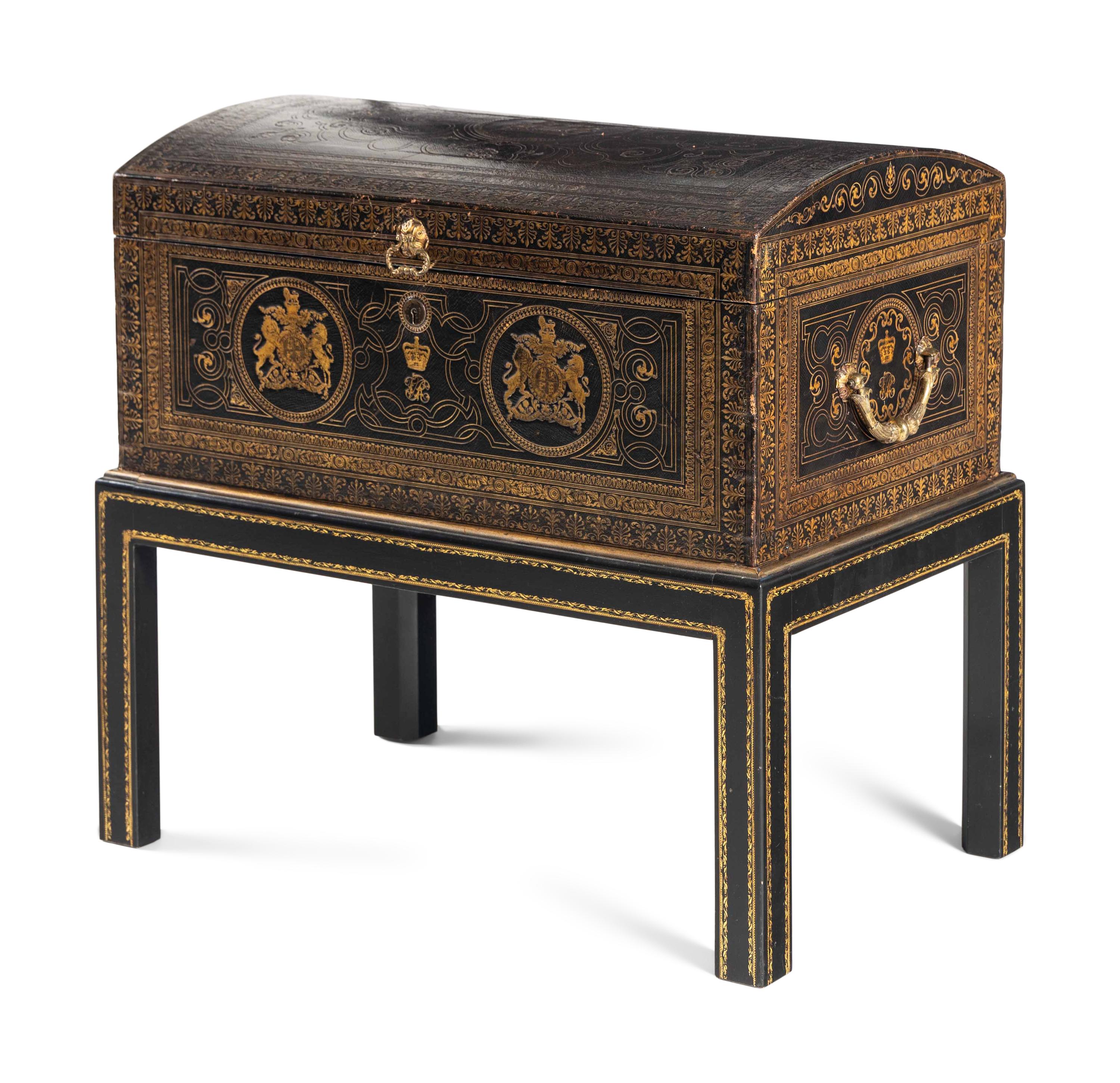 An English Tooled Leather Chest on Stand of Parliamentary Interest