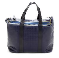 A Salvatore Ferragamo Navy Logo Embossed Leather Tote Bag, 11"H x 15"W x 7.25"D; Strap drop: 8".