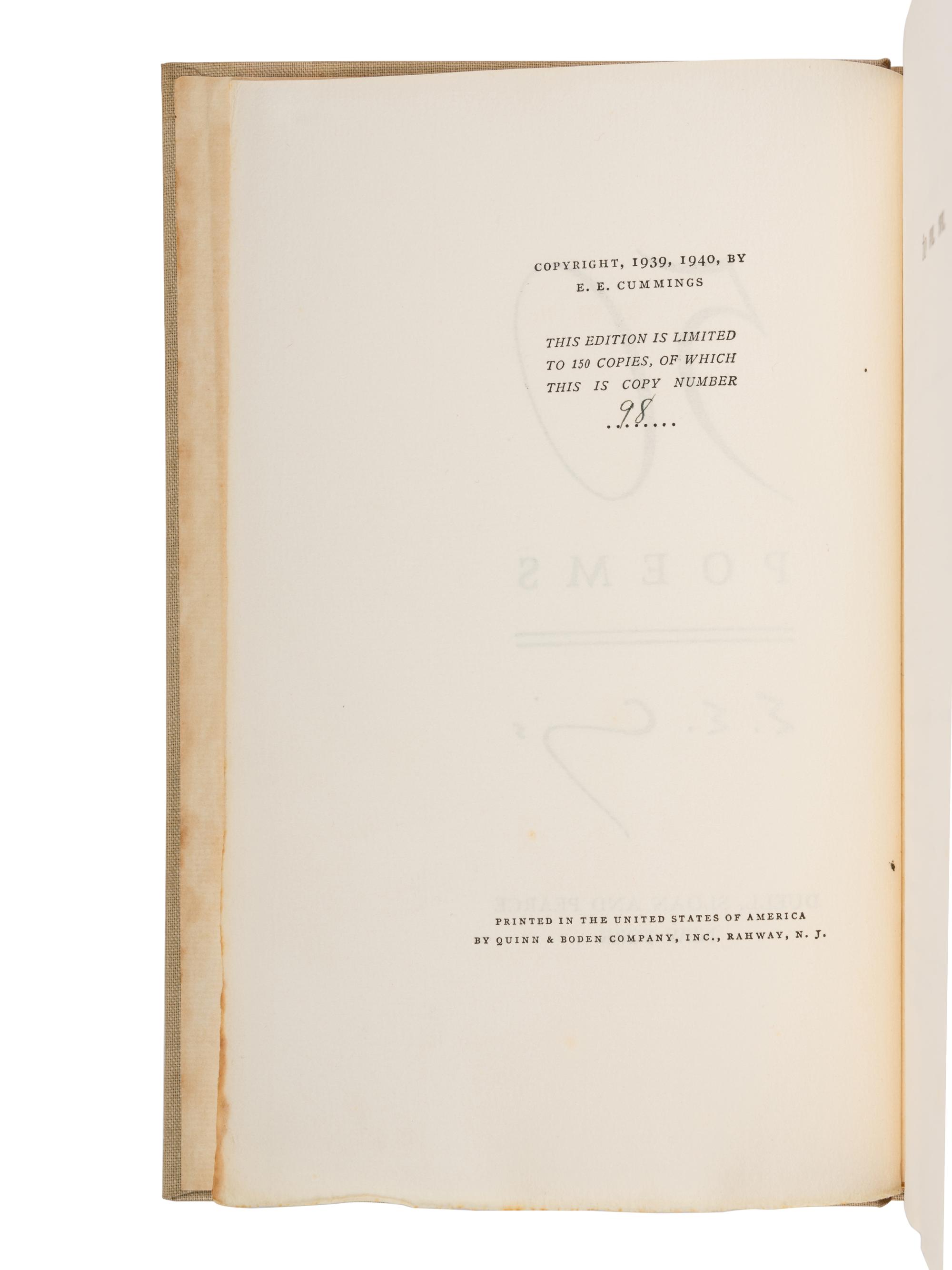 CUMMINGS, e.e. (1895-1962). 50 Poems . New York: Duell, Sloan and Pearce, 1940.