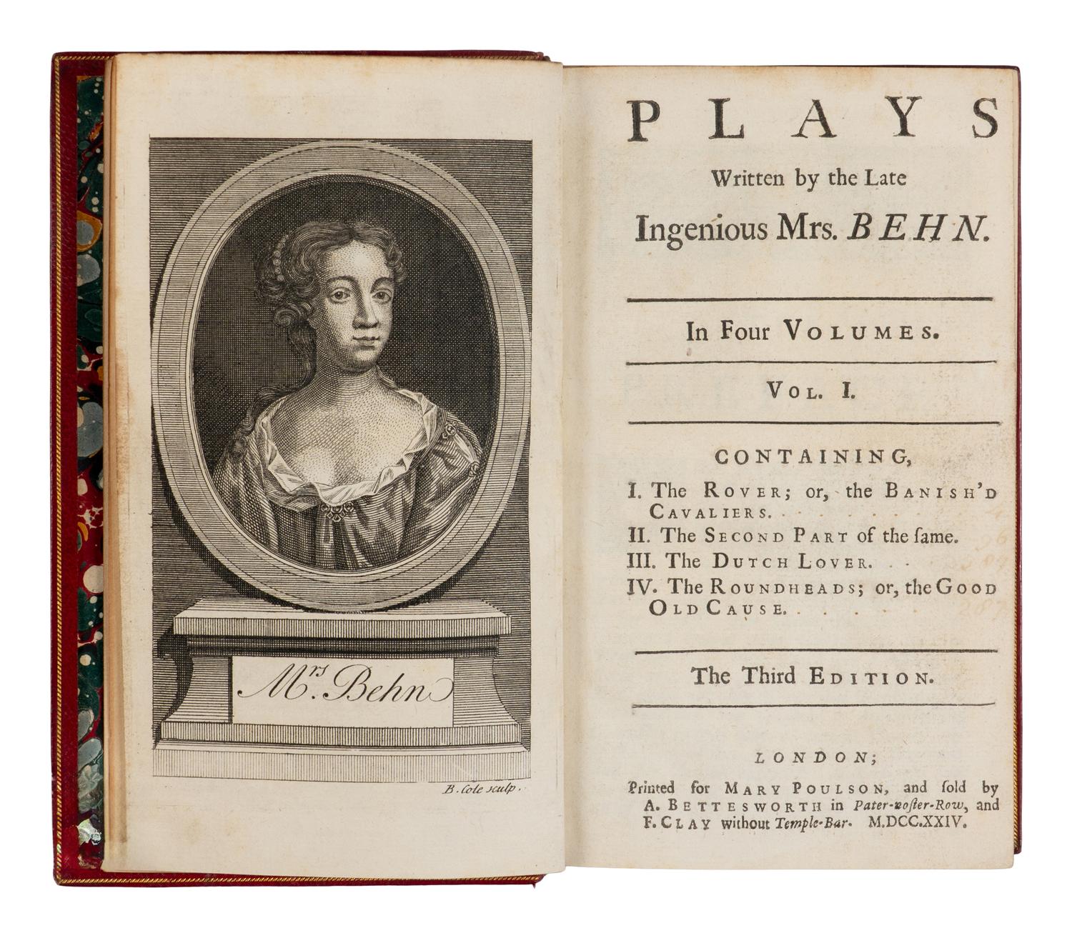 BEHN, Aphra (1640-1689). Plays Written by the Late Ingenious Mrs. Behn . London: Mary Poulson, 1724.