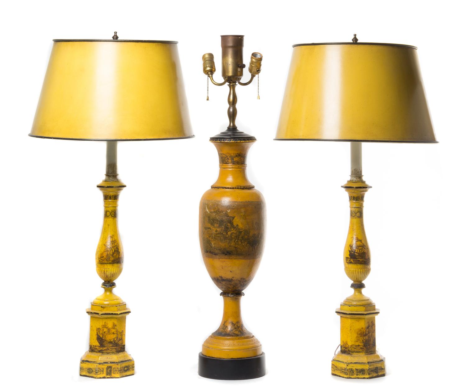 A Group of Painted Lamps Height of tallest 36 inches. — 20TH CENTURY