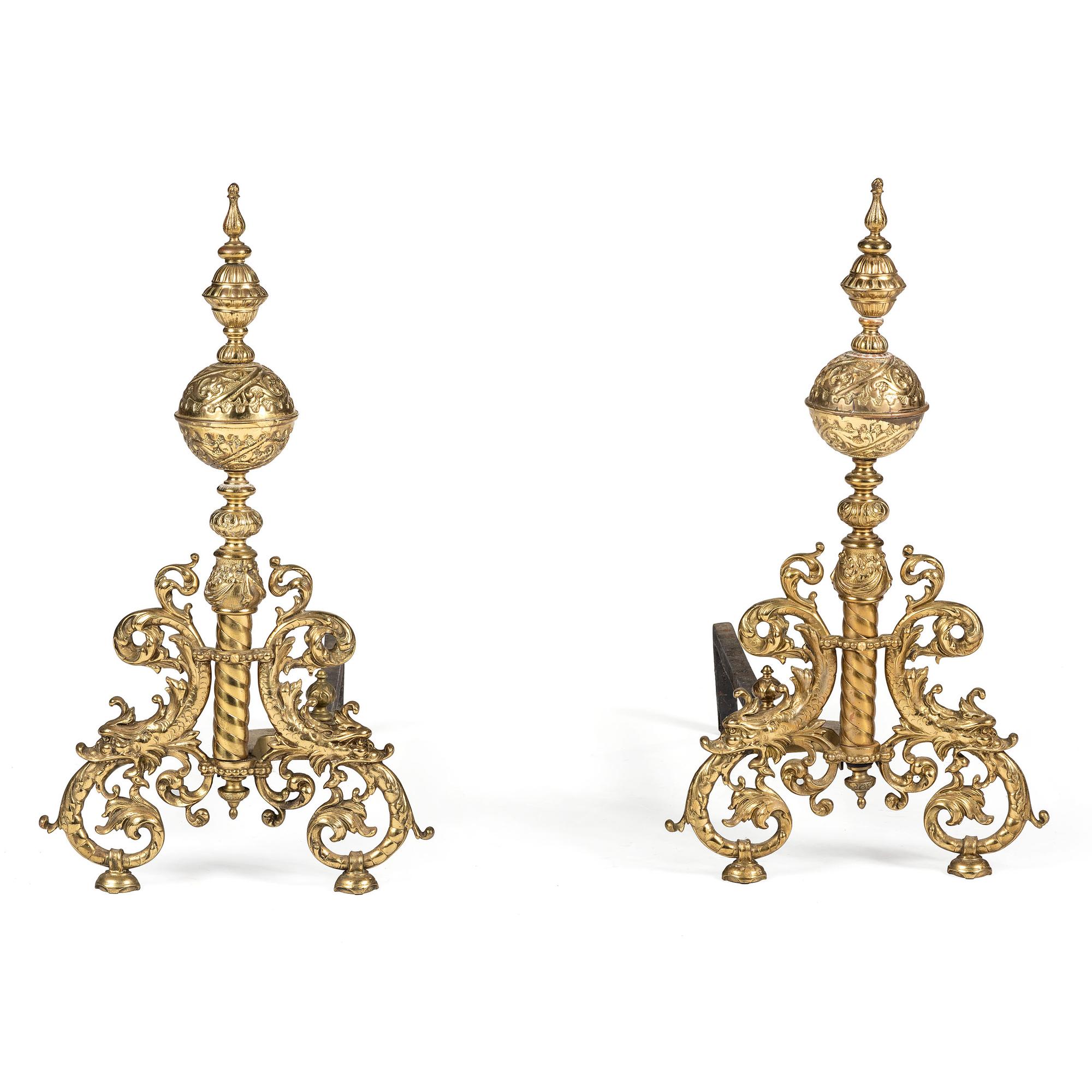 A Pair of Baroque Style Brass Andirons