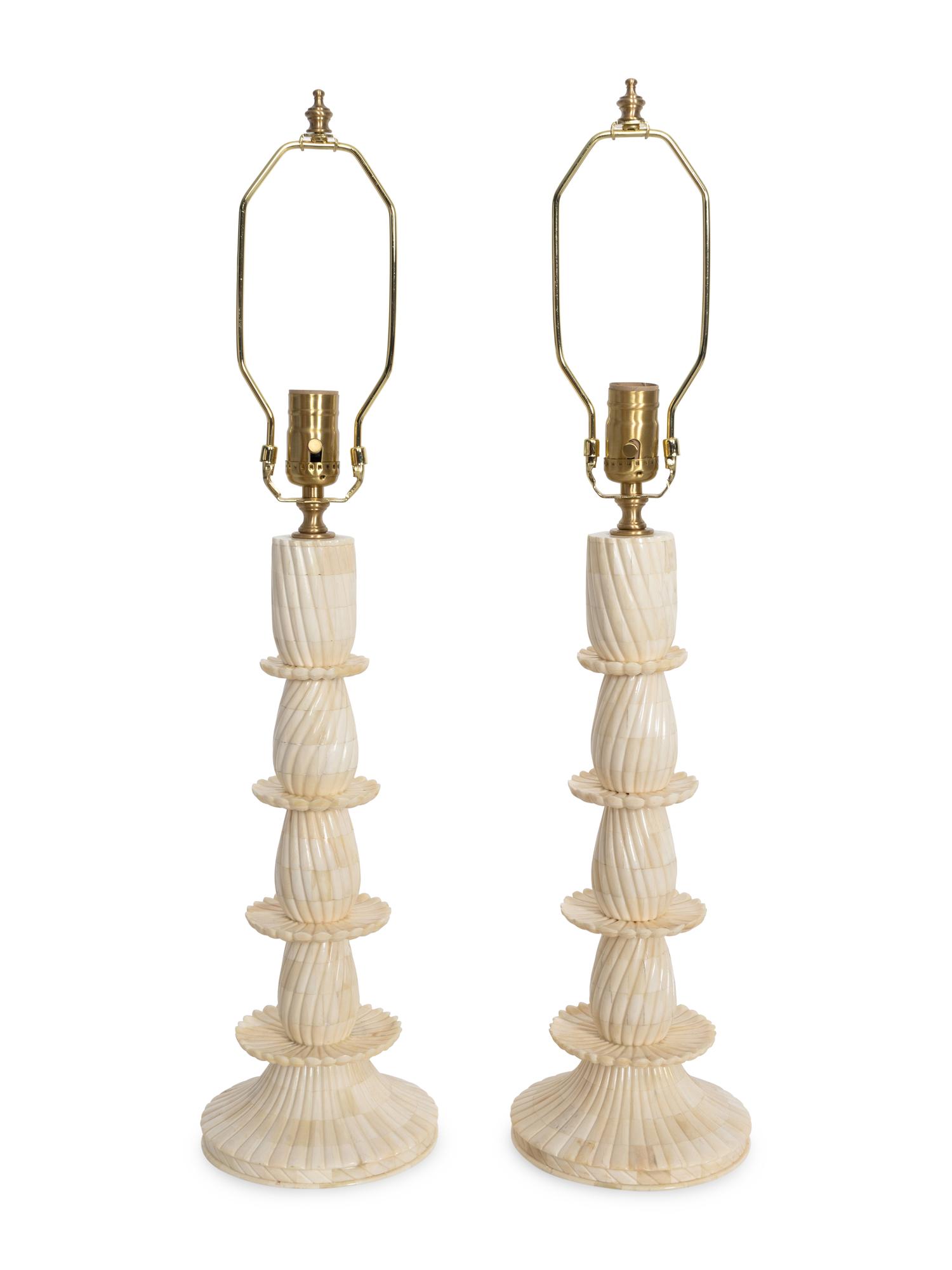 A Pair of Tesselated Carved Bone Table Lamps