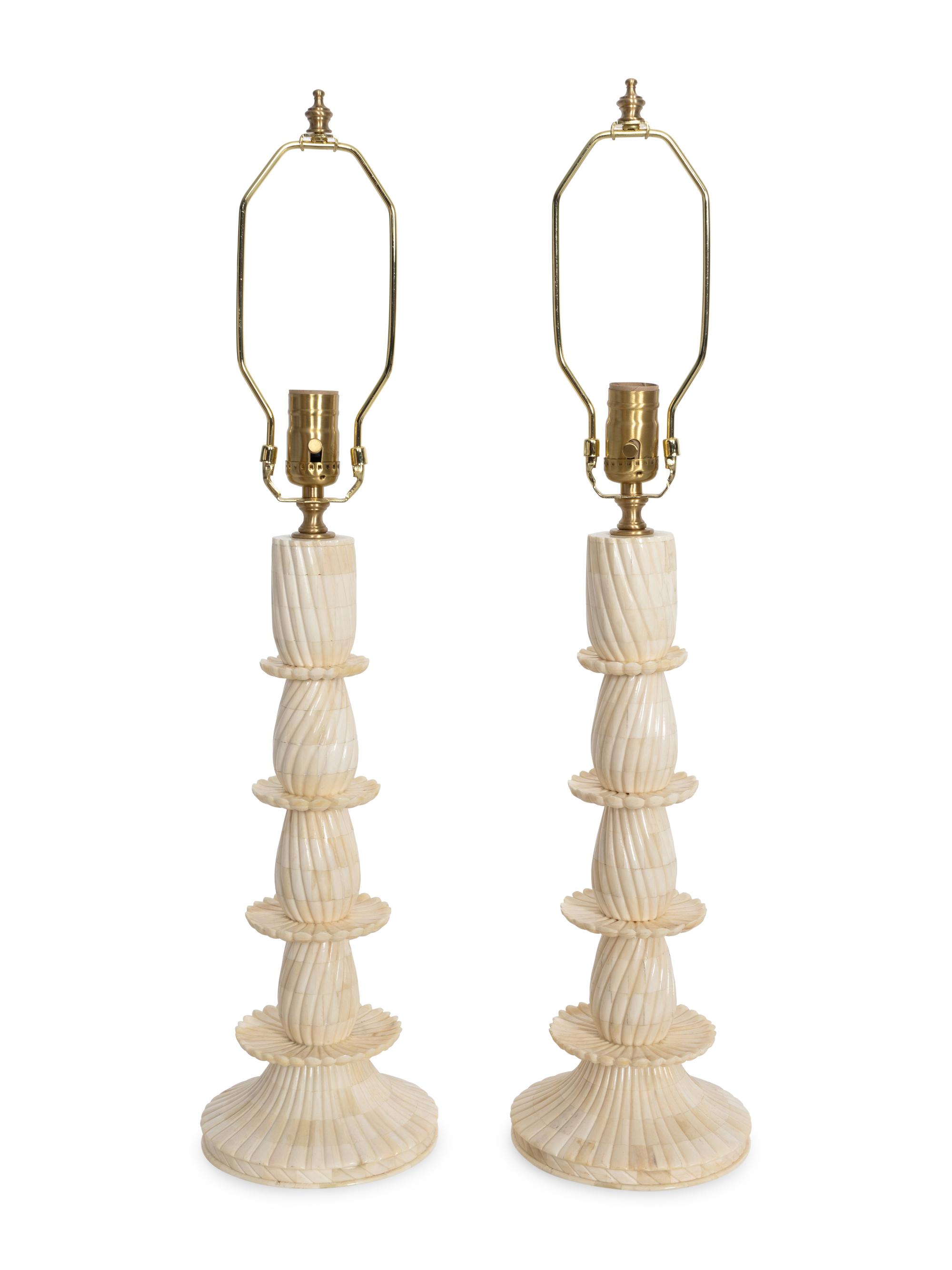A Pair of Tesselated Carved Bone Table Lamps