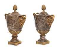 A Pair of French Gilt Bronze Mounted Marble Urns