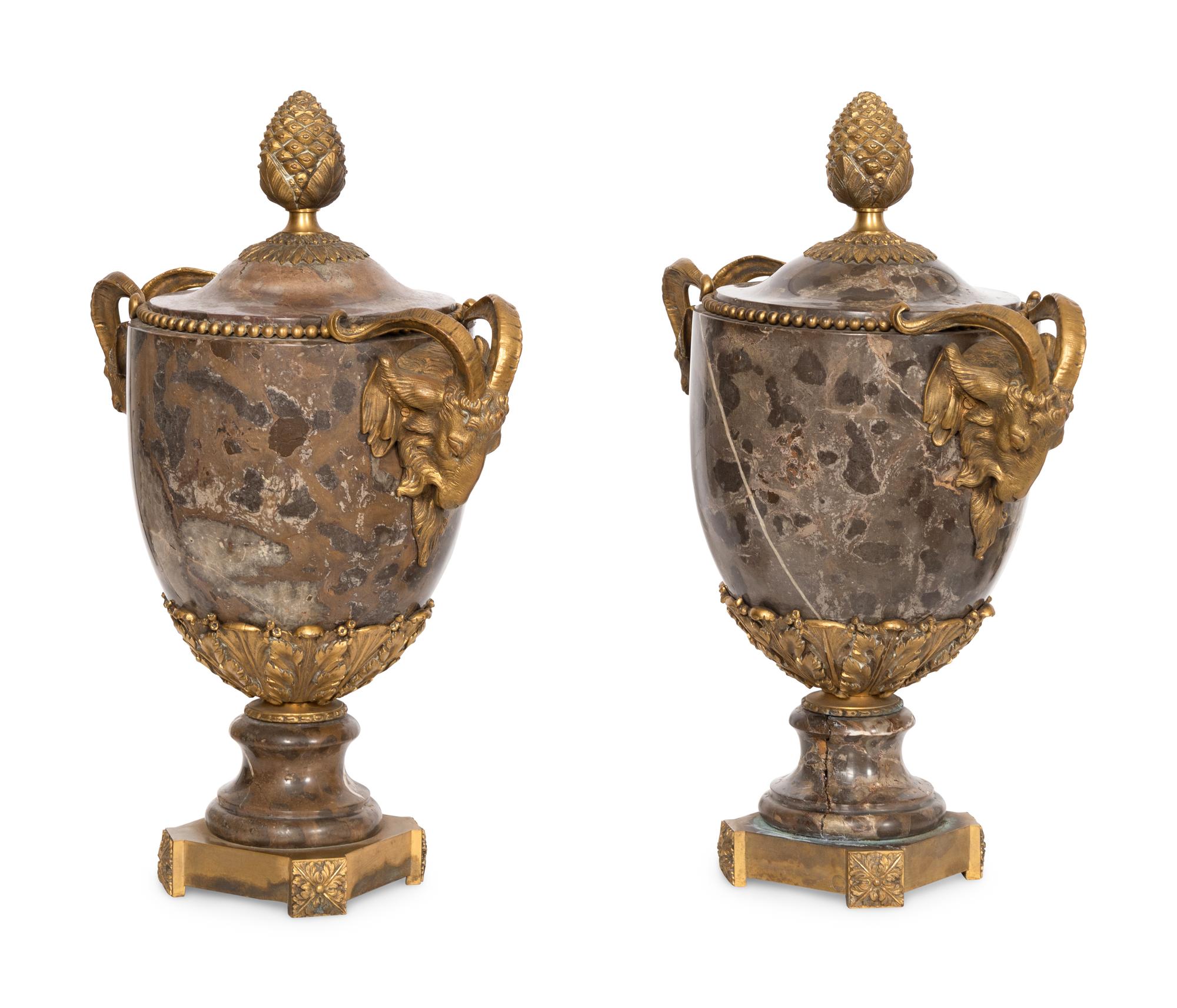 A Pair of French Gilt Bronze Mounted Marble Urns