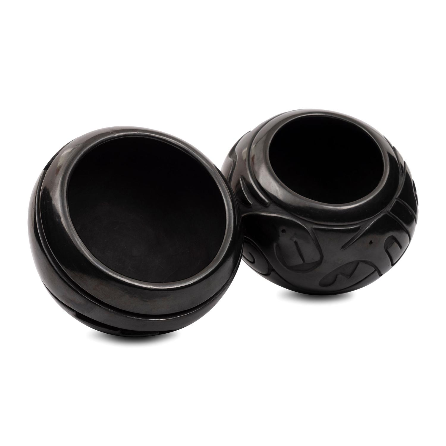Carved Blackware Jars, one with Avanyu