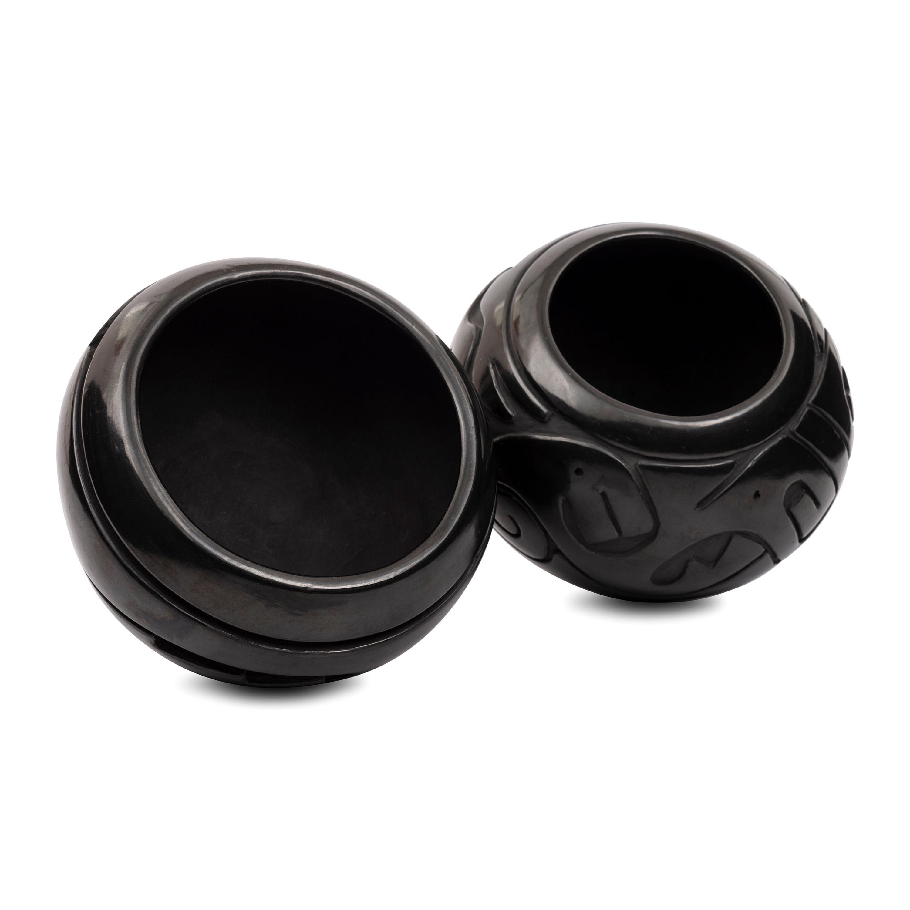 Carved Blackware Jars, one with Avanyu