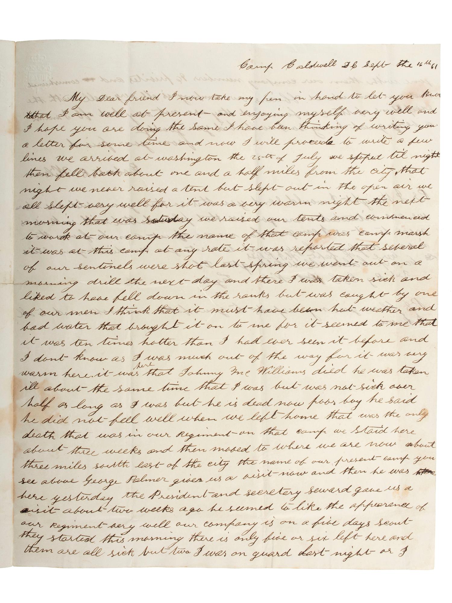 [CIVIL WAR] -- [MAPS]. Letter from Robert Wilson, 72 New York Volunteers, on letterhead featuring a "Topographical Map of Virginia between Washington and Manassas Junction."