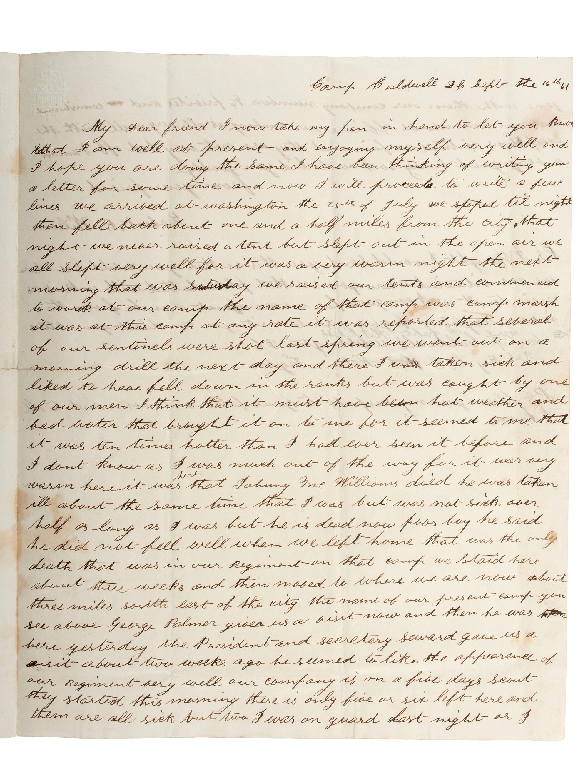 [CIVIL WAR] -- [MAPS]. Letter from Robert Wilson, 72 New York Volunteers, on letterhead featuring a "Topographical Map of Virginia between Washington and Manassas Junction."