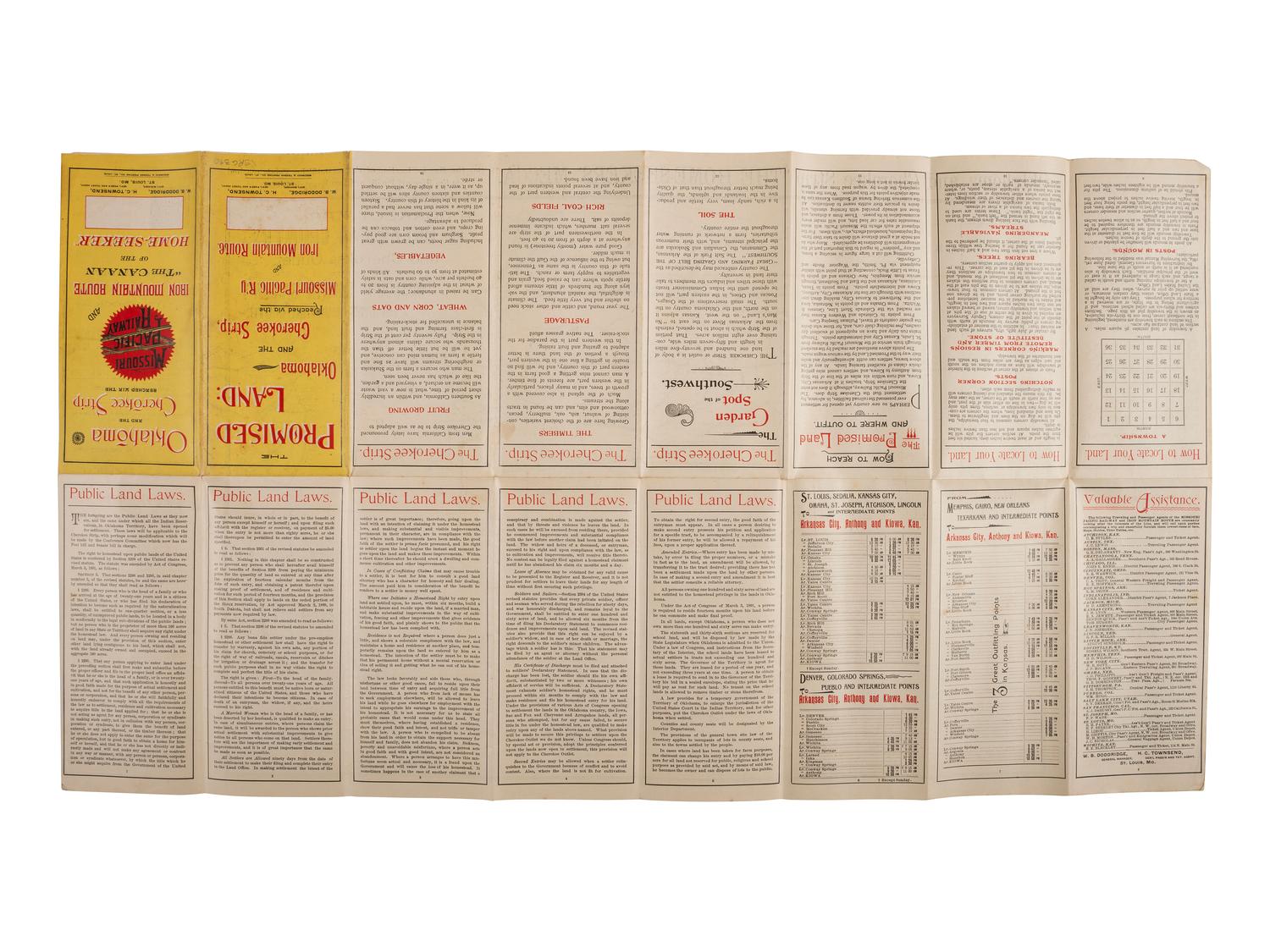 [MAPS -- OKLAHOMA LAND RUSH]. Oklahoma And The Cherokee Strip Reached Via The Missouri Pacific Railway And Iron Mountain Route “The Canaan Of The Home-Seeker.” St. Louis, MO: Woodward & Tiernan Printing Co., 1889.