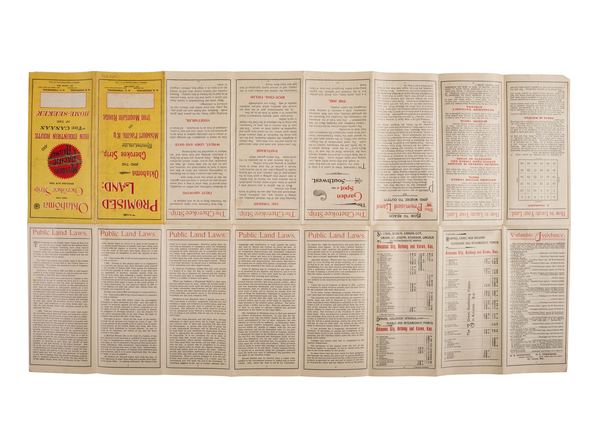 [MAPS -- OKLAHOMA LAND RUSH]. Oklahoma And The Cherokee Strip Reached Via The Missouri Pacific Railway And Iron Mountain Route “The Canaan Of The Home-Seeker.” St. Louis, MO: Woodward & Tiernan Printing Co., 1889.