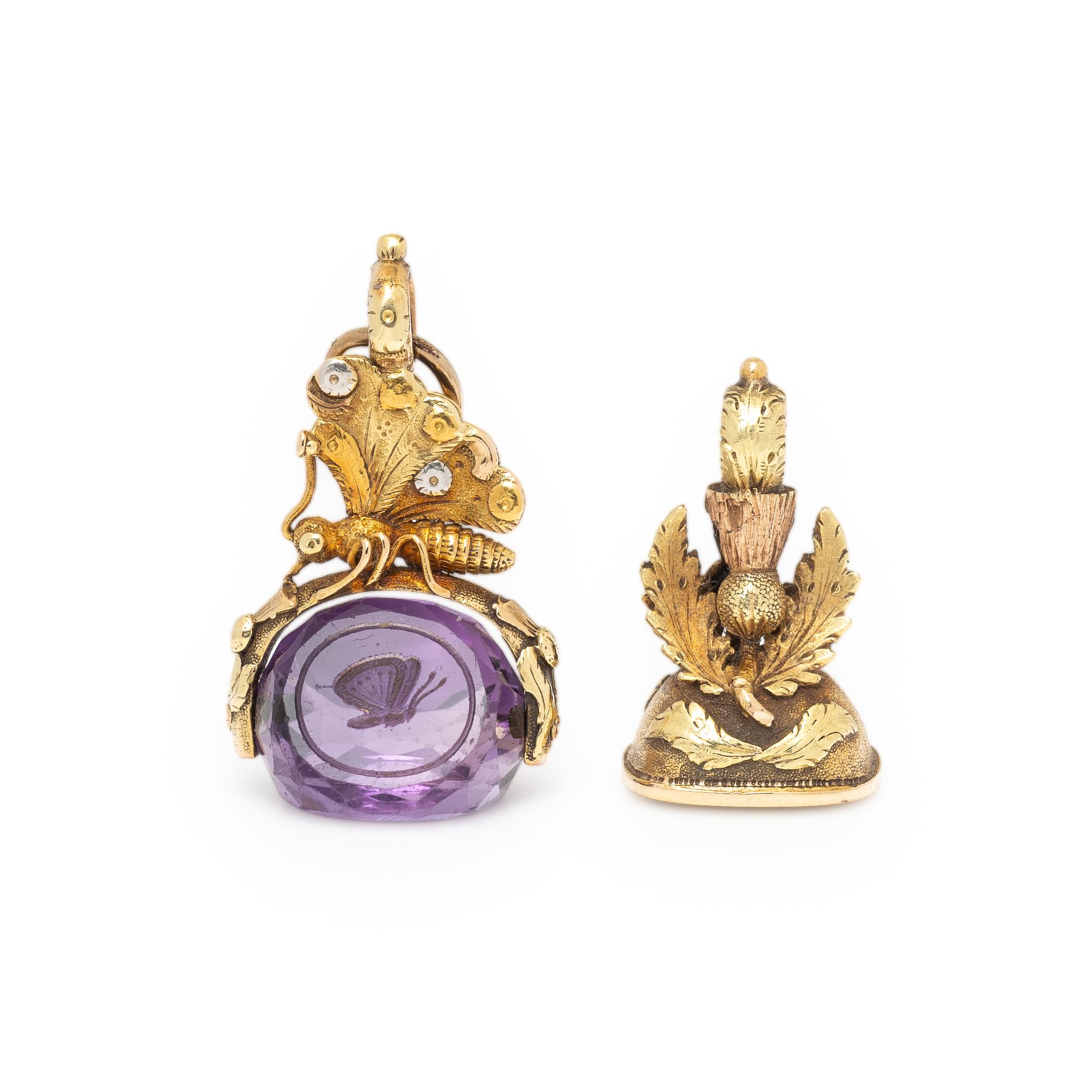 Tricolor Gold and Amethyst Seal and Bicolor Gold and Bloodstone Watch Fob