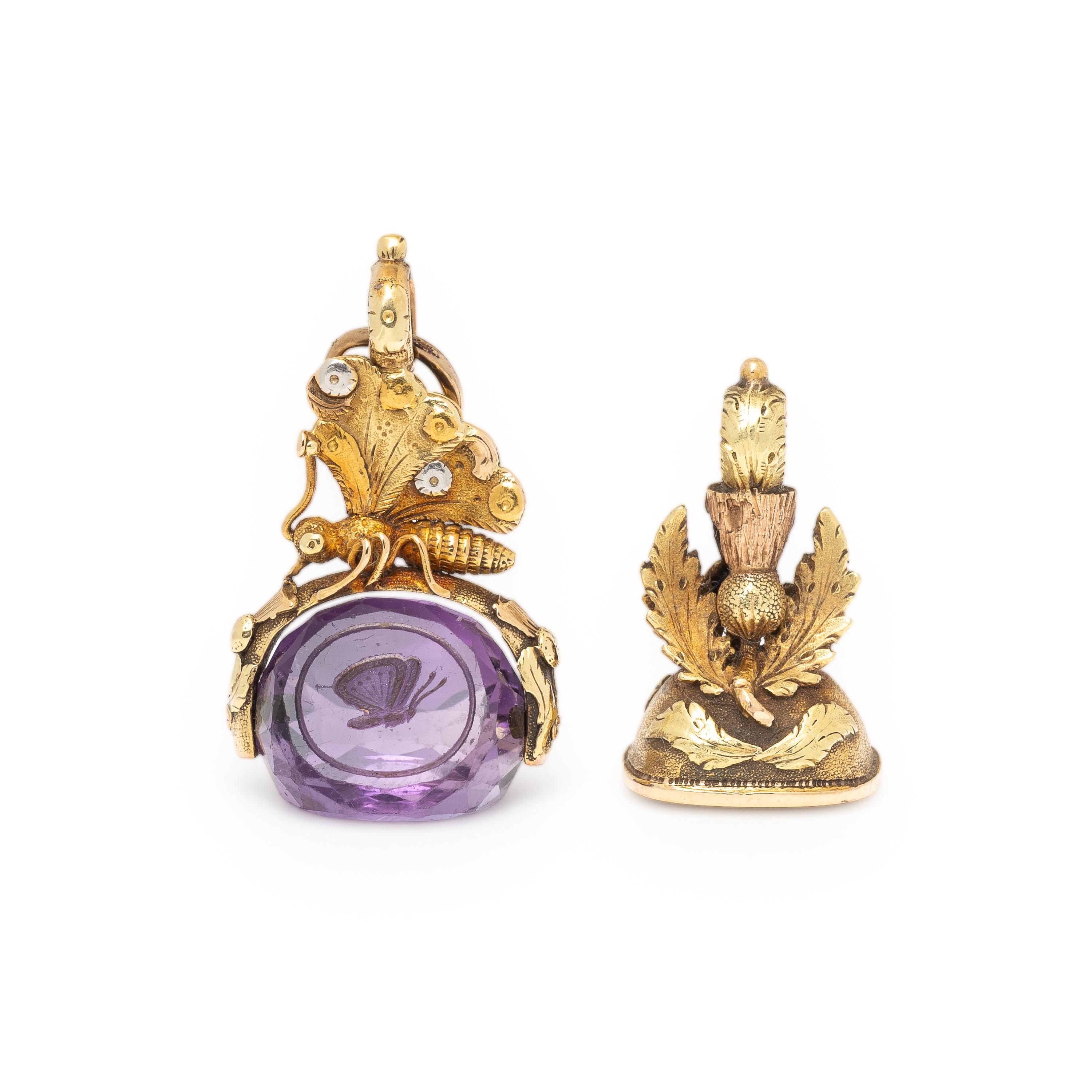 Tricolor Gold and Amethyst Seal and Bicolor Gold and Bloodstone Watch Fob