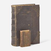 A tooled and colored leather-bound hymnal together with a large leather-bound Swiss Reform Lutheran bible; The hymnal printed by Ernst Ludwig Baisch, Philadelphia, PA, 1774, the bible printed in Basel, Switzerland, 1736