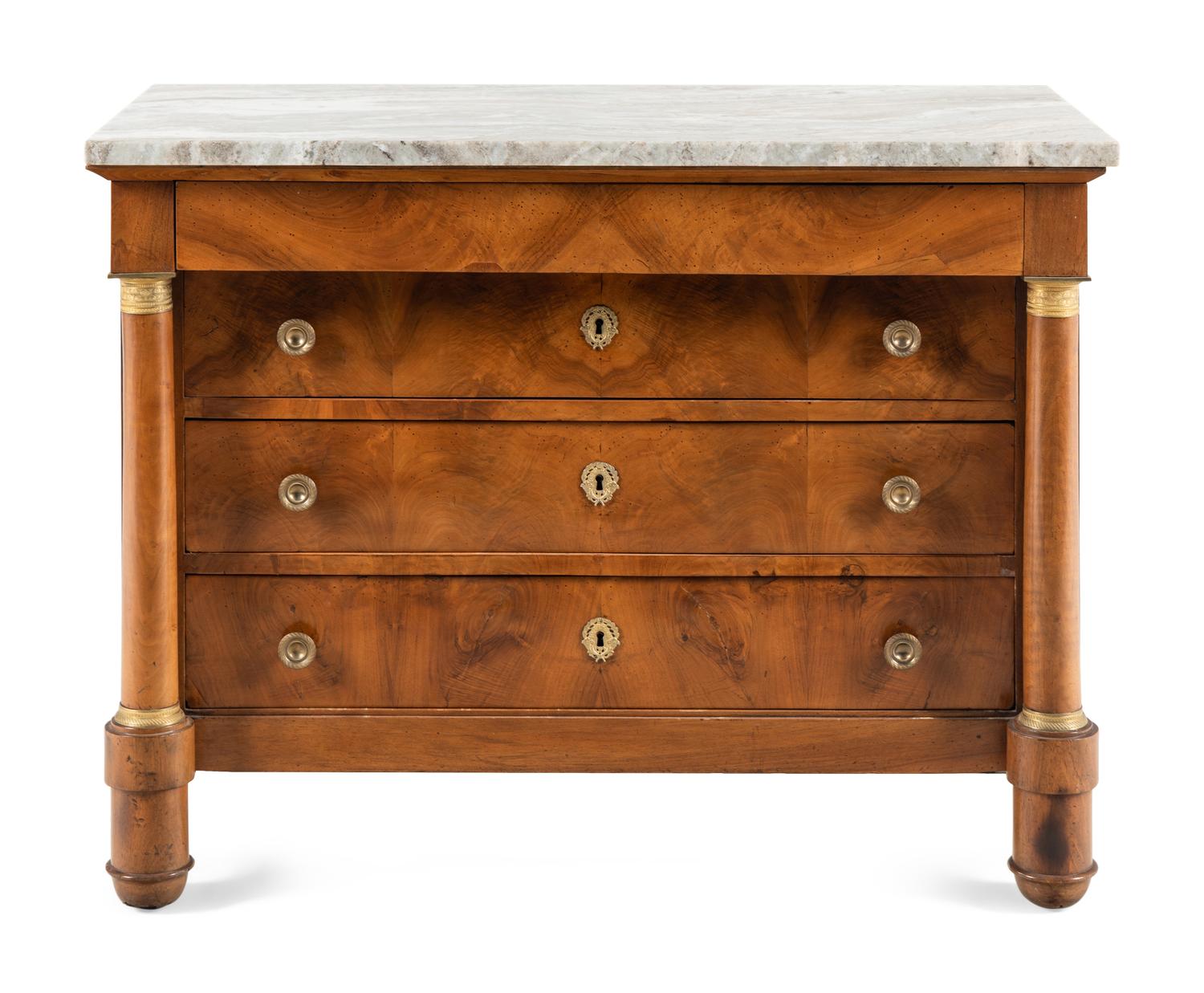 An Empire Gilt Bronze Mounted Walnut Marble-Top Commode