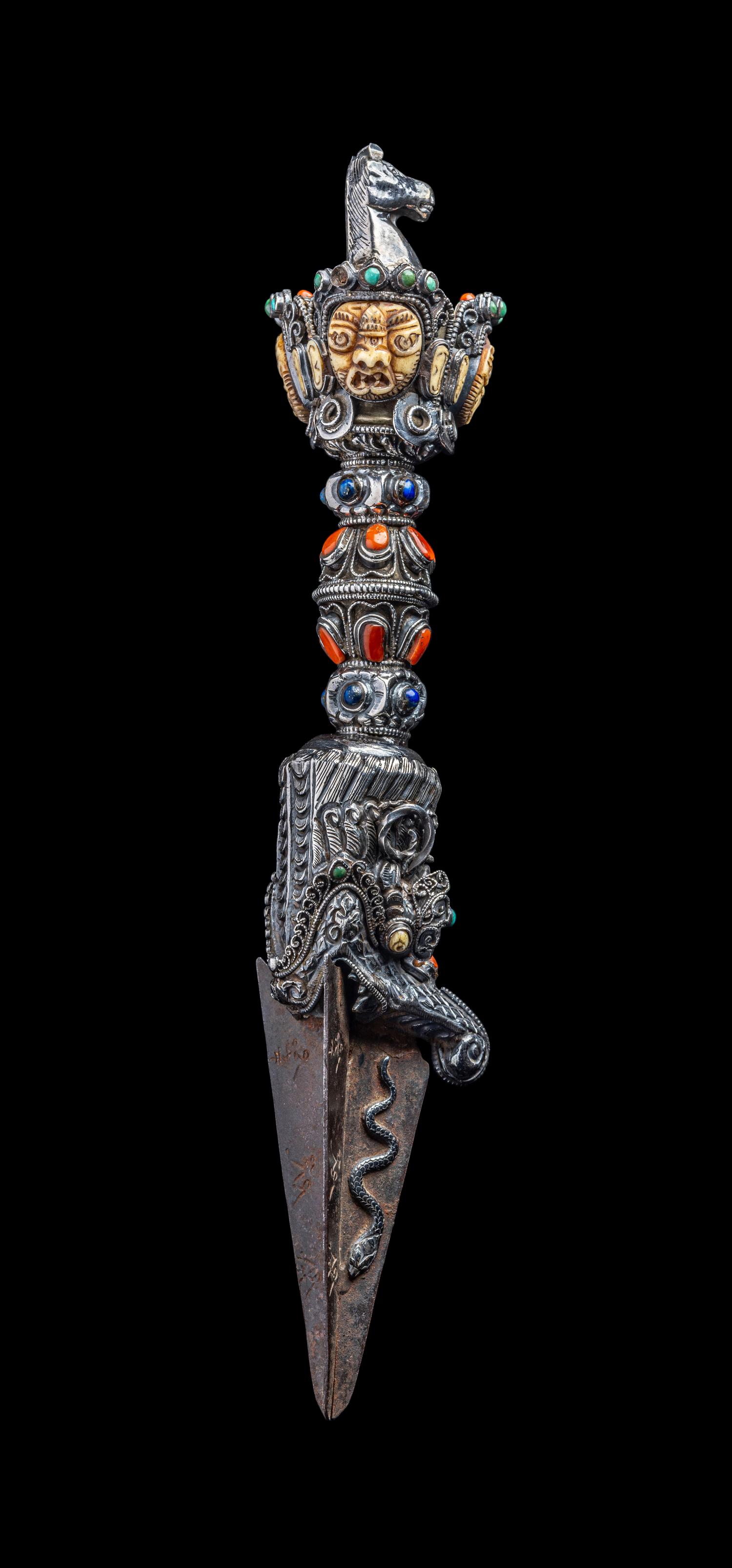 A Tibetan Hardstone Inset Silver Vajra