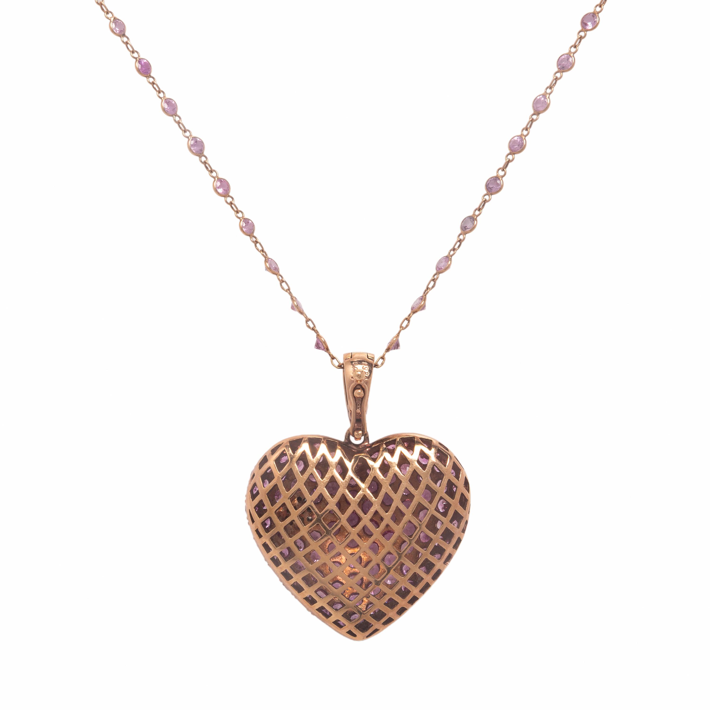 Pink Sapphire, Diamond, and Rose Gold Heart Pendant Station Necklace