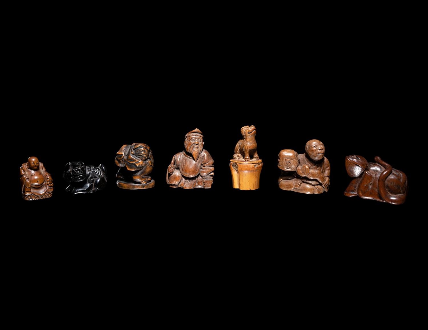 Seven Japanese Carved Wood Netsuke