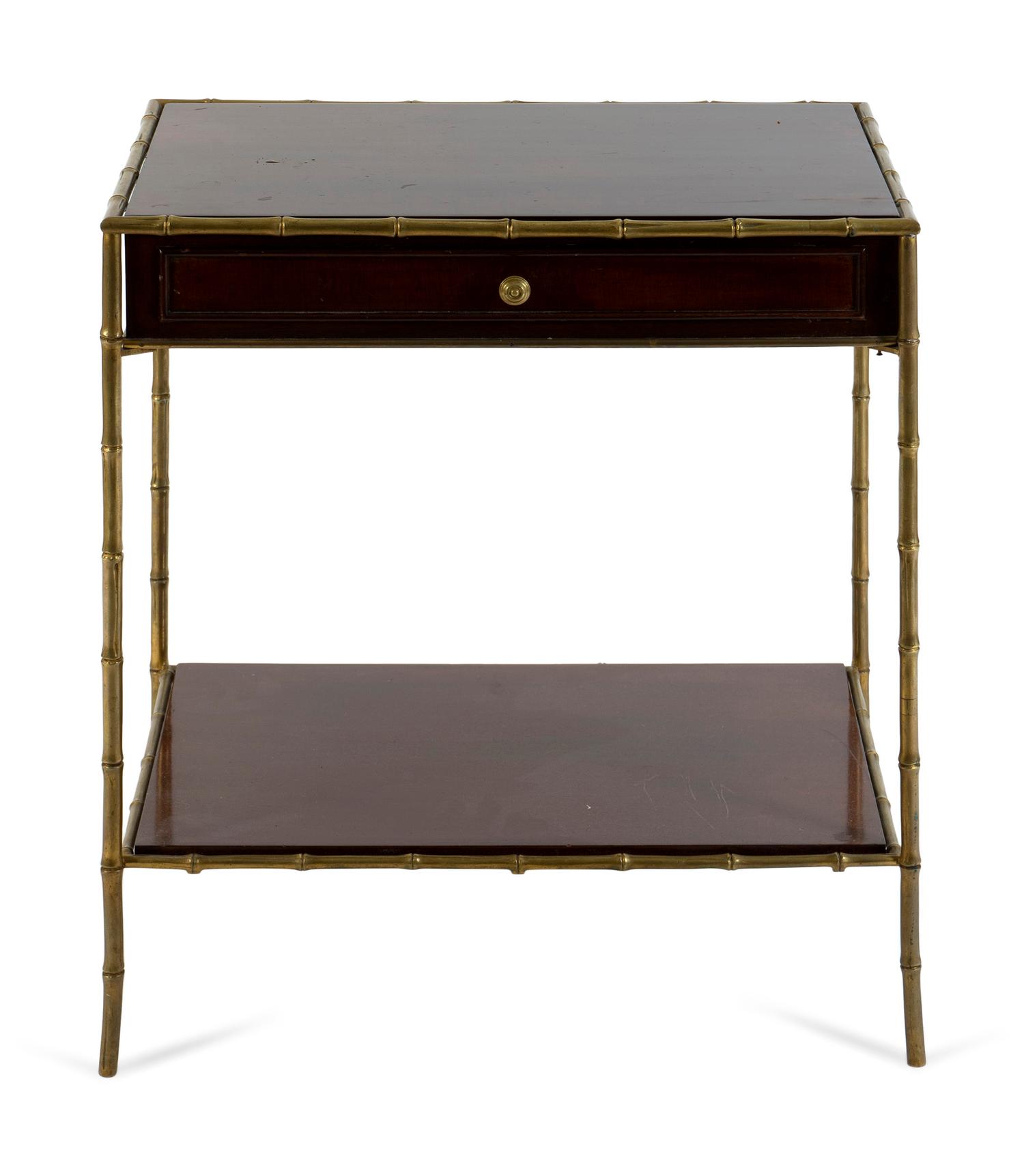 A Bronze and Mahogany Bamboo Framed Two Tier Side Table — 20TH CENTURY