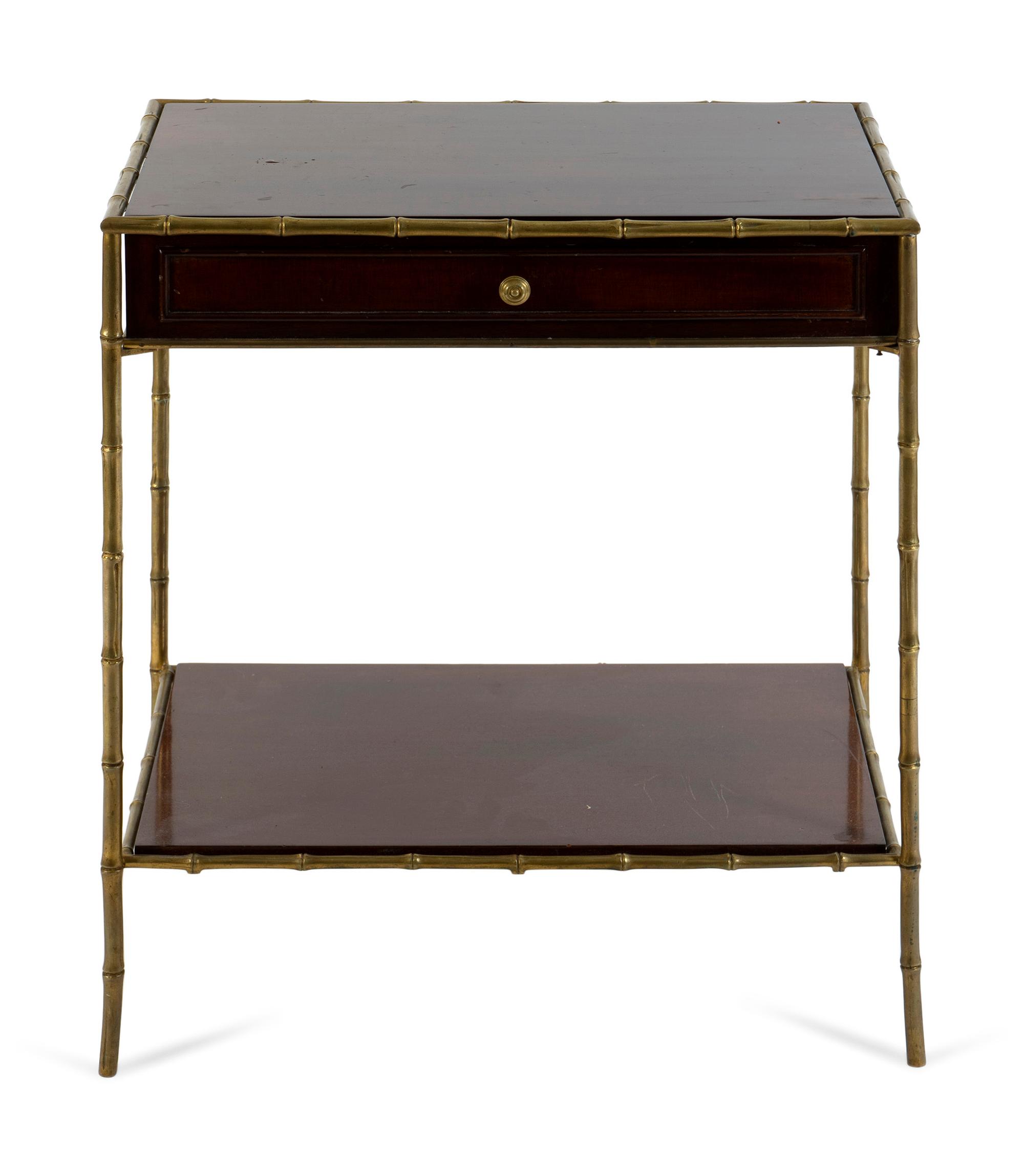 A Bronze and Mahogany Bamboo Framed Two Tier Side Table — 20TH CENTURY